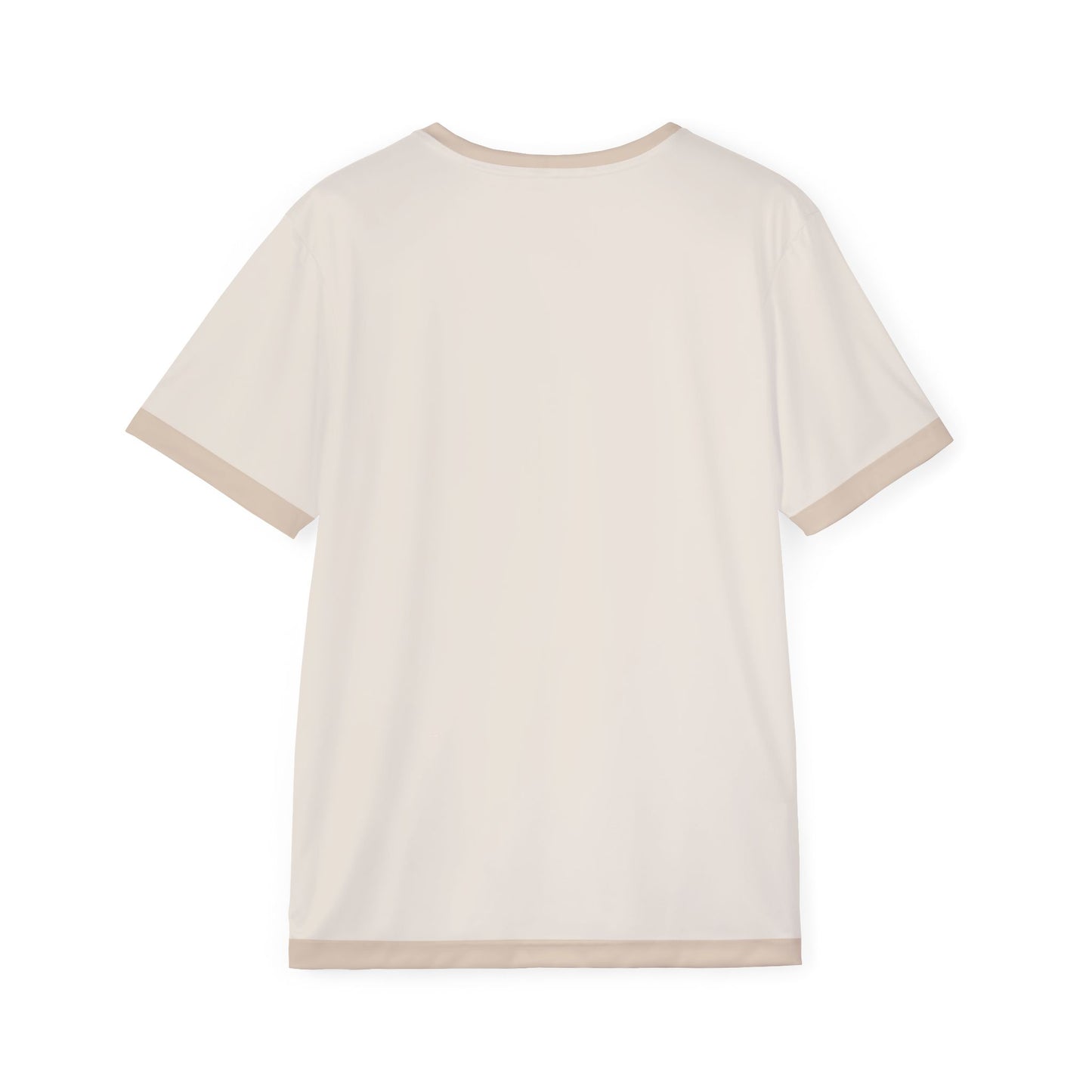 Back view of plain light beige VØID gym jersey, beige trims on crew neck, short sleeves, hem