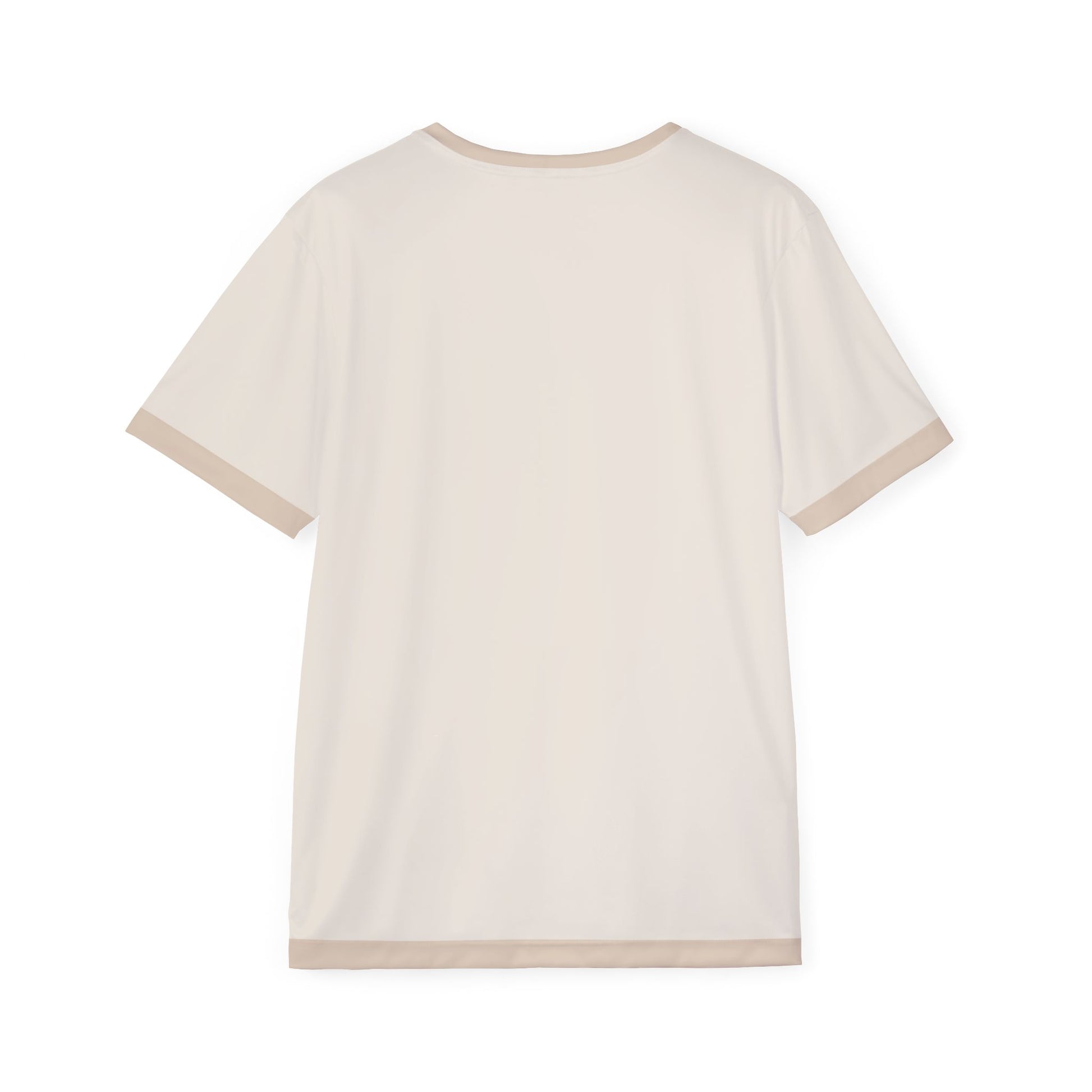 Back view of plain light beige VØID gym jersey, beige trims on crew neck, short sleeves, hem