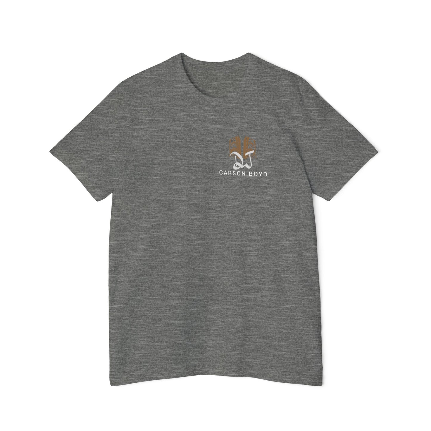 Heather gray crew t-shirt front, subtle tan DJ logo and white "Carson Boyd" on chest pocket