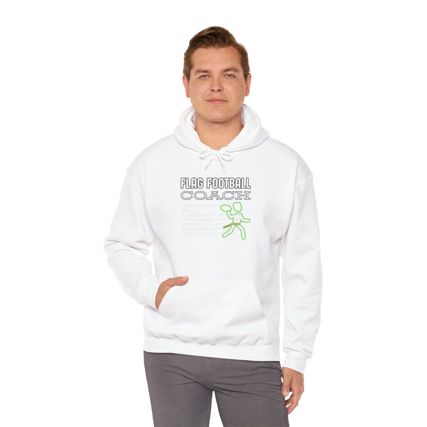 Male model front view in white hoodie with "FLAG FOOTBALL COACH" black text and neon green running figure, hands in pockets