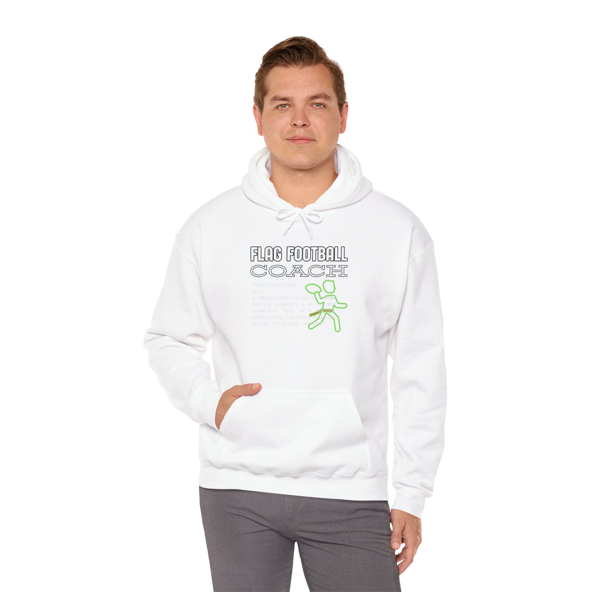 Male model front view in white hoodie with "FLAG FOOTBALL COACH" black text and neon green running figure, hands in pockets