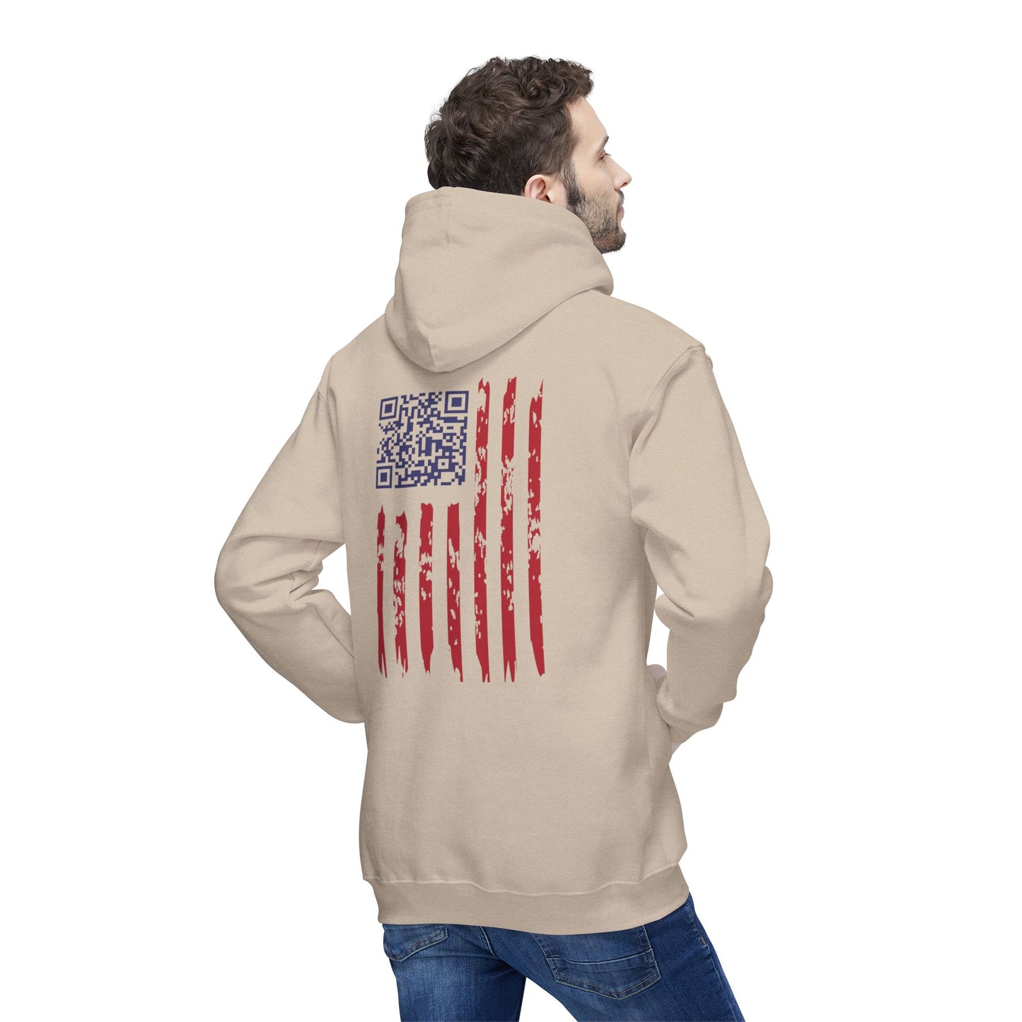 Man showing back of cream hoodie, weathered American flag and scannable Trump dance QR code