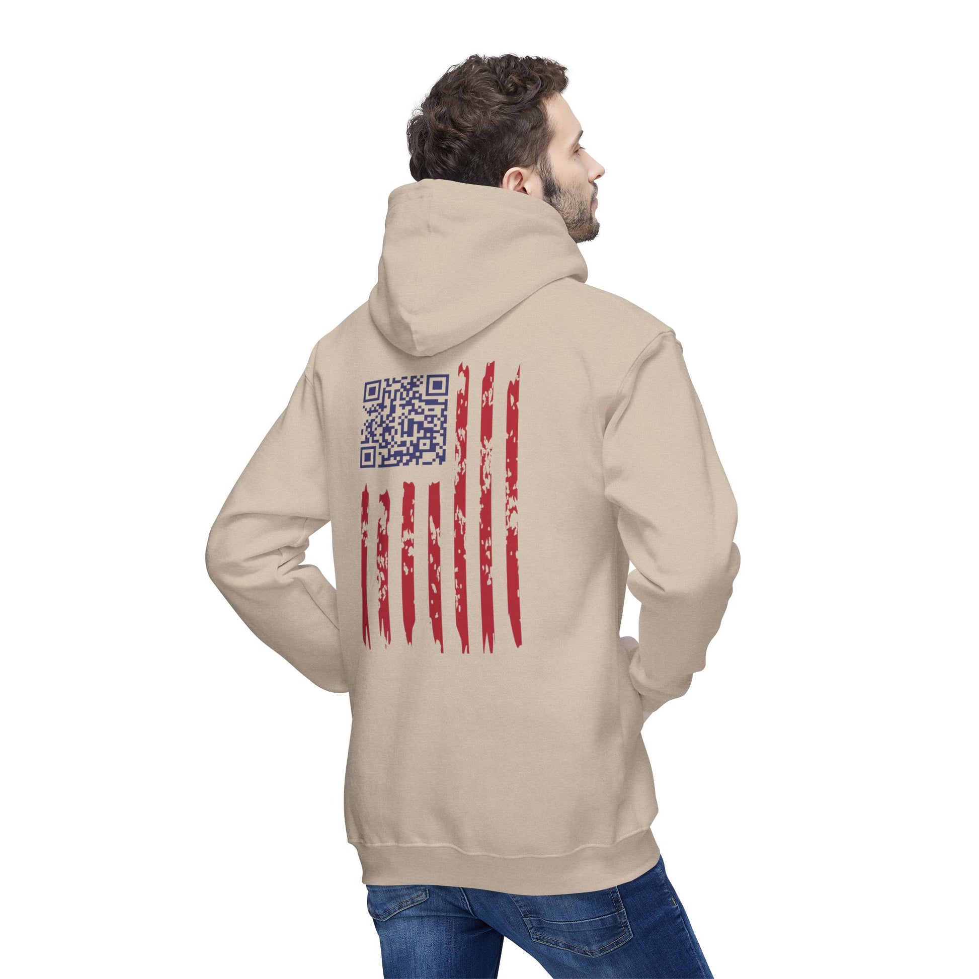 Man showing back of cream hoodie, weathered American flag and scannable Trump dance QR code