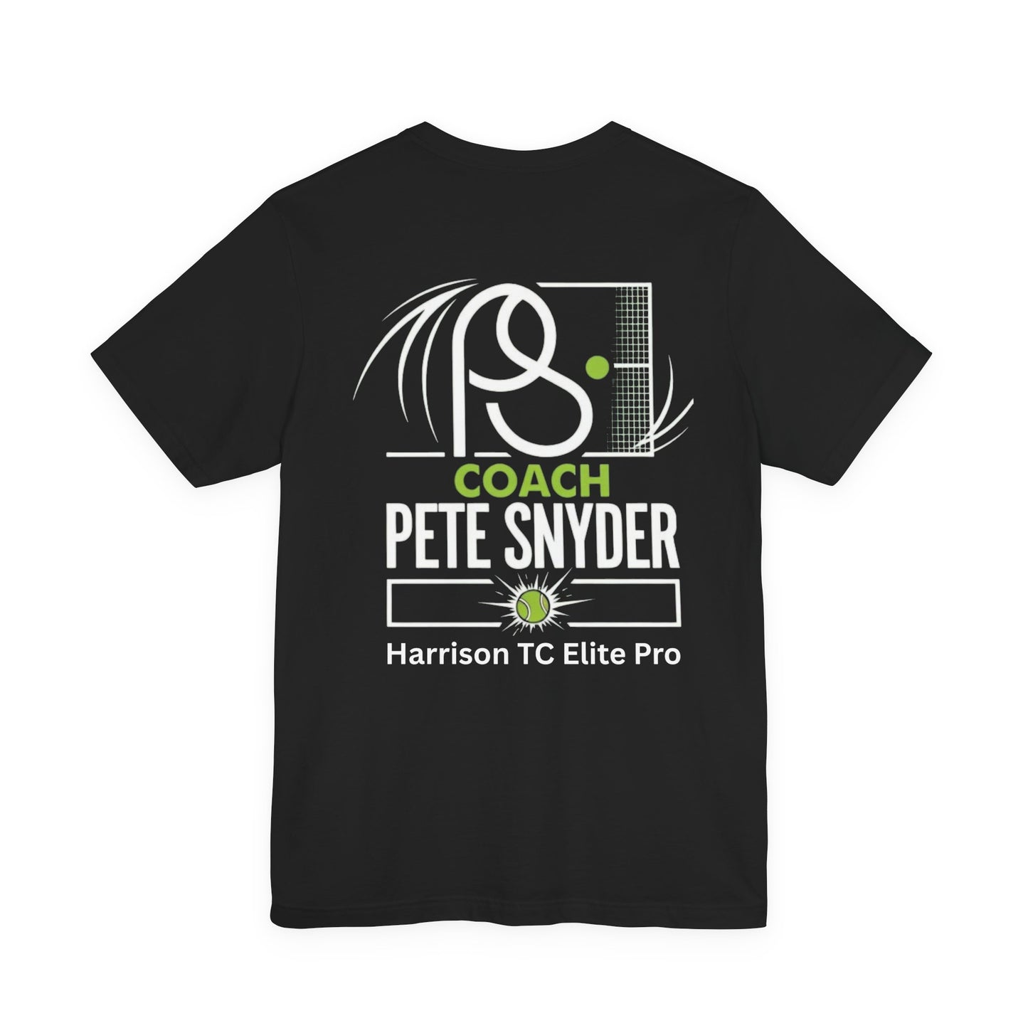 Back view of black Coach Pete Snyder tee with white-outlined racquet graphic, green accents, full team text