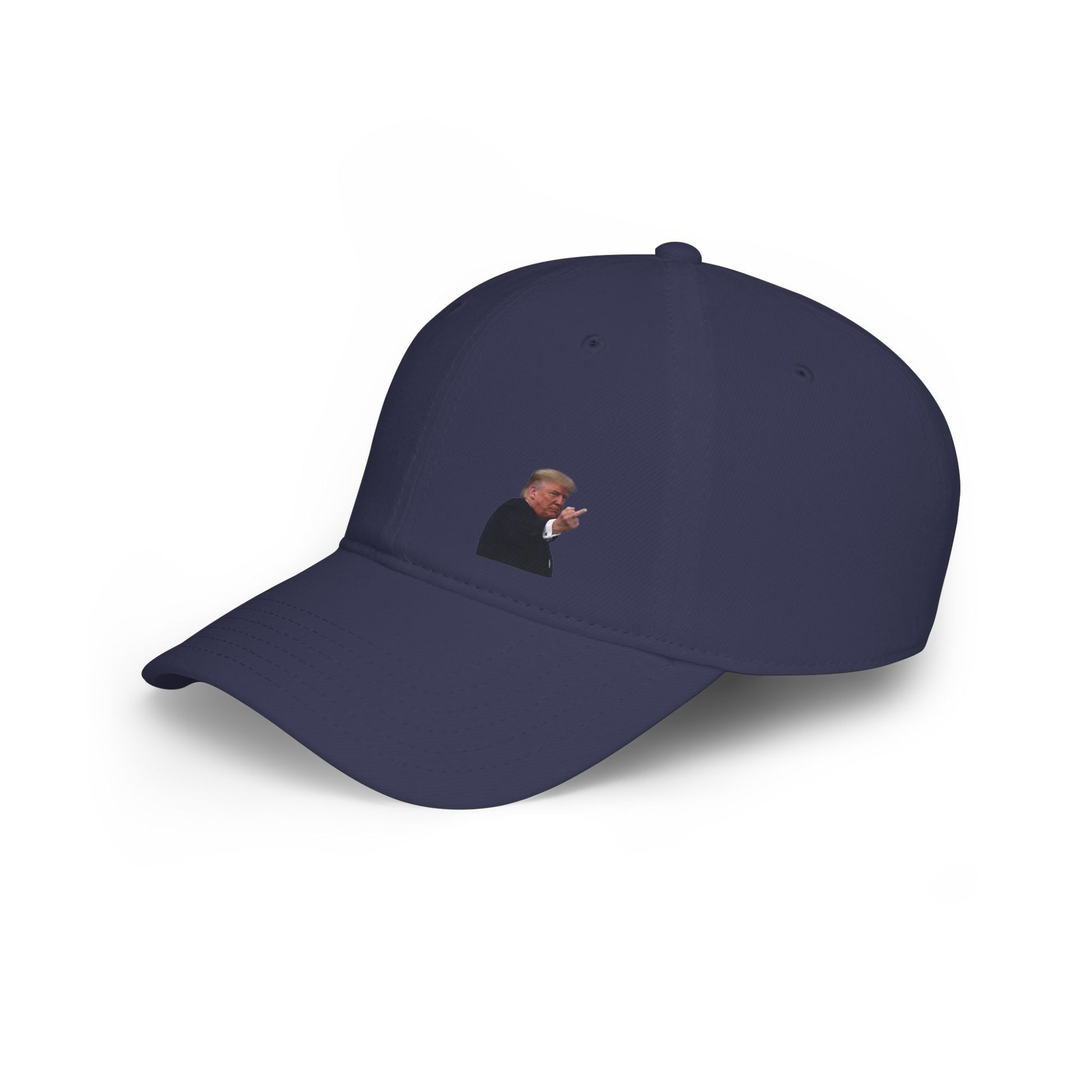 Dark navy baseball cap showcasing embroidered Trump Ford plant gesture on front panel