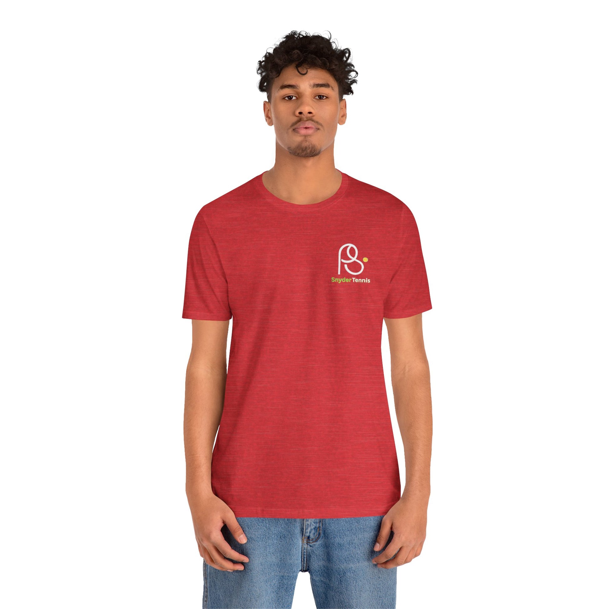 Male model front view in heather red PS Tennis tee, small white chest logo, casual jeans pose