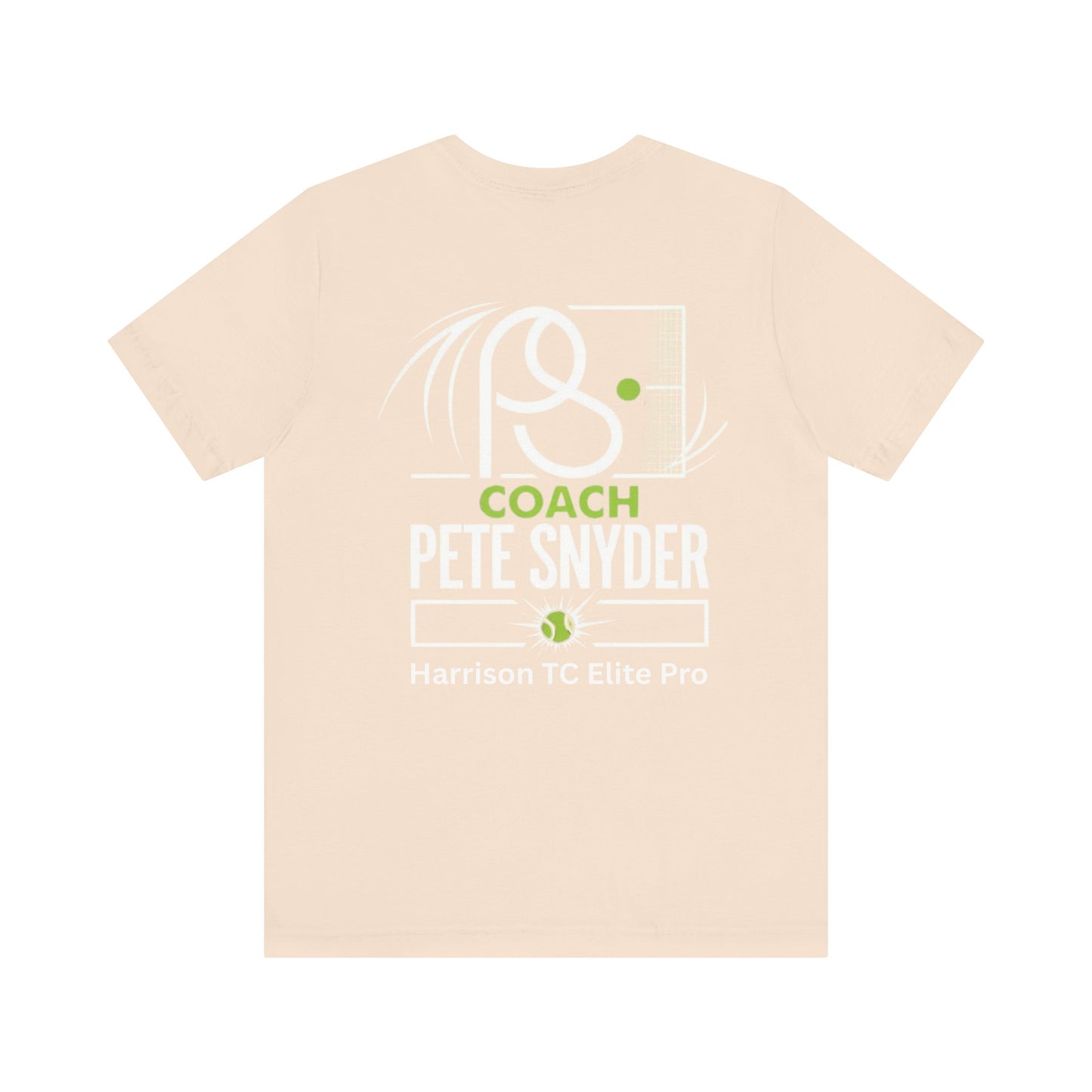 Back view of beige Coach Pete Snyder tennis tee with white racket frame, green PS ball, "COACH PETE SNYDER" and "Harrison TC Elite Pro"