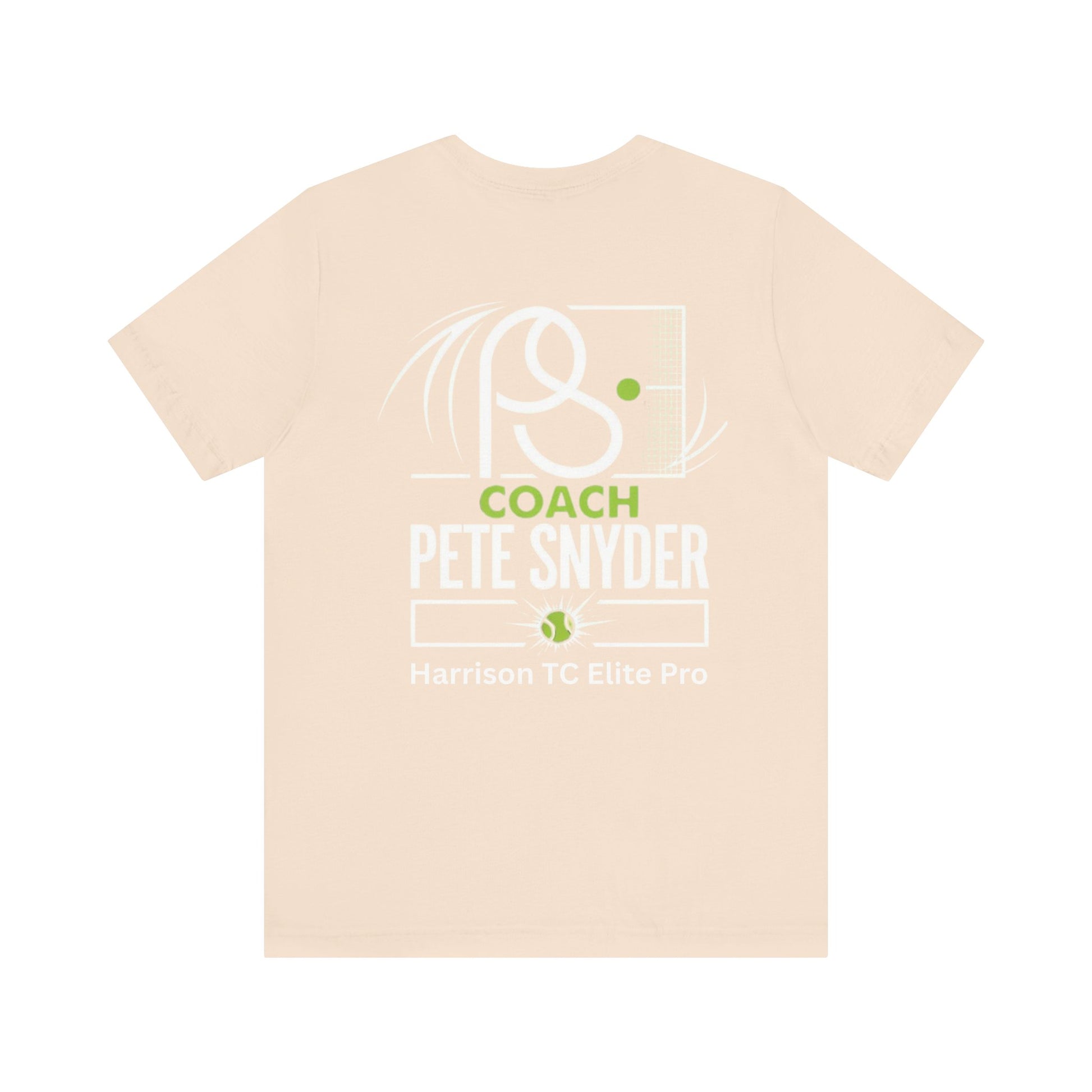 Back view of beige Coach Pete Snyder tennis tee with white racket frame, green PS ball, "COACH PETE SNYDER" and "Harrison TC Elite Pro"