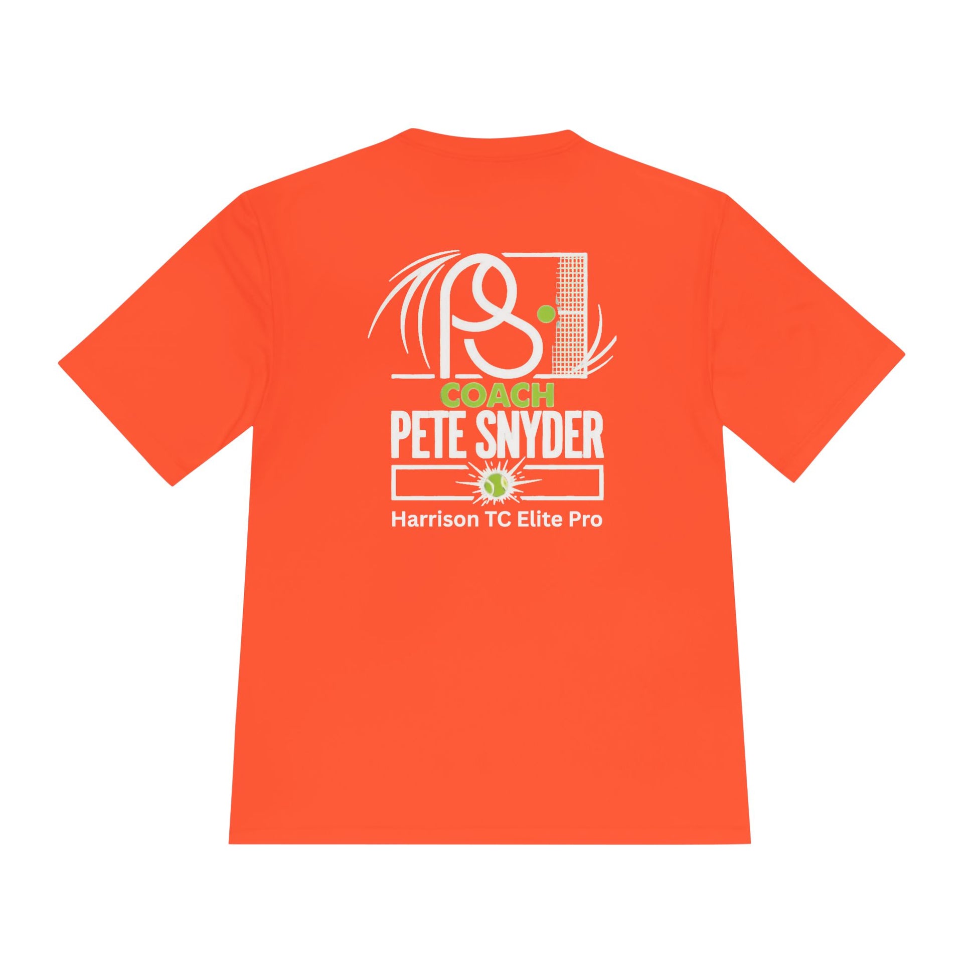 Back view of orange tee boasting white "COACH PETE SNYDER" graphic and green "Harrison TC Elite Pro"