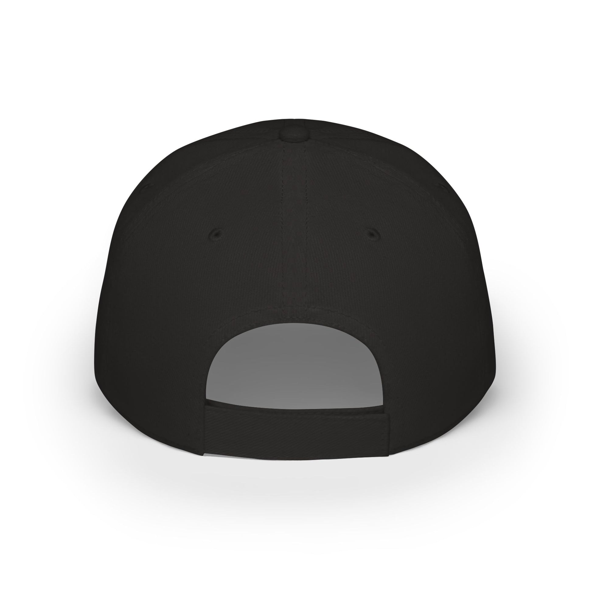 Back view of black baseball cap with snapback-style Velcro closure