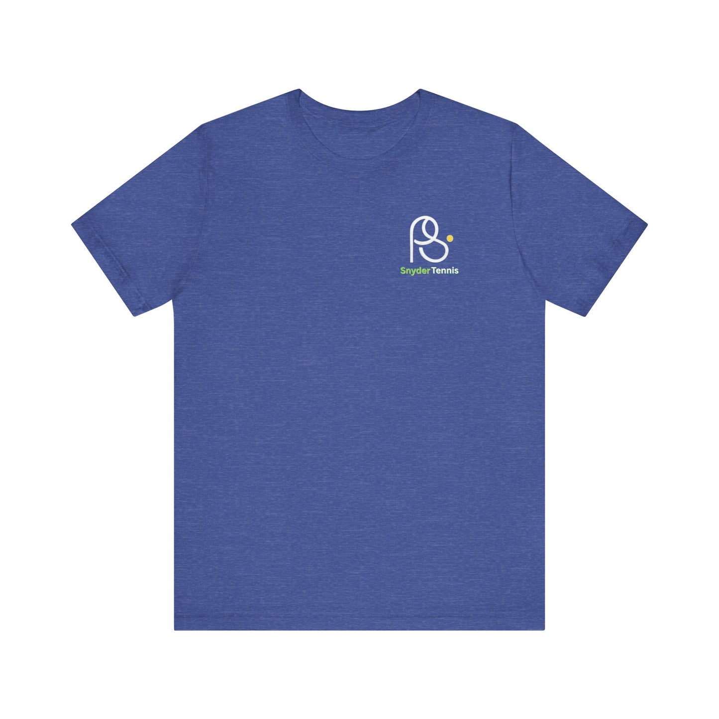 Heather navy blue tee front, white outlined P.S. and green P.S. Tennis on chest