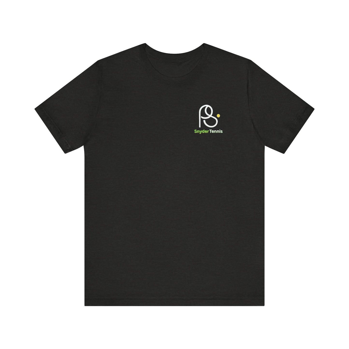 Close front view of black Coach Pete Snyder t-shirt highlighting white PS Tennis logo with green accents on left chest