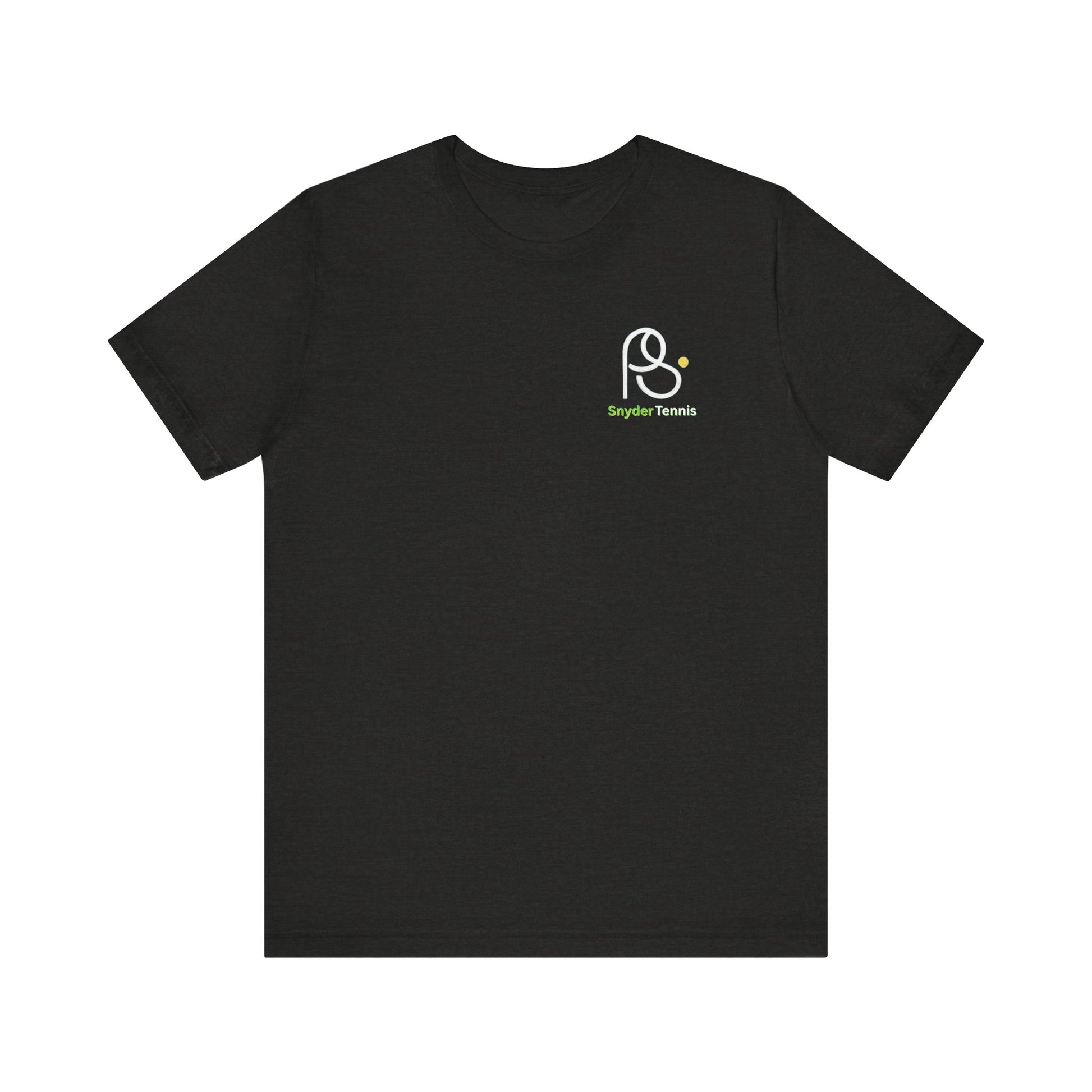 Close front view of black Coach Pete Snyder t-shirt highlighting white PS Tennis logo with green accents on left chest