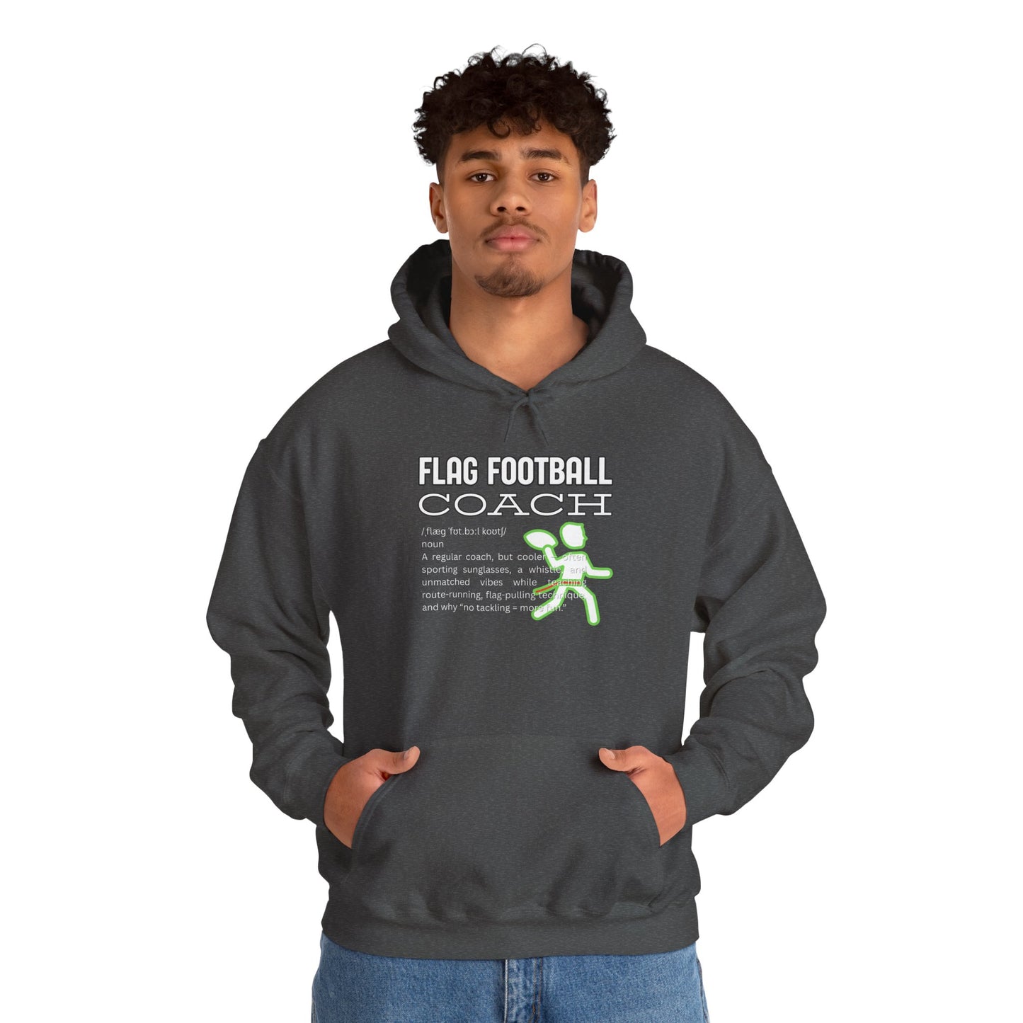 Male model rocking Sport Grey Flag Football Coach hoodie front, neon green runner graphic and bold white dictionary-style text