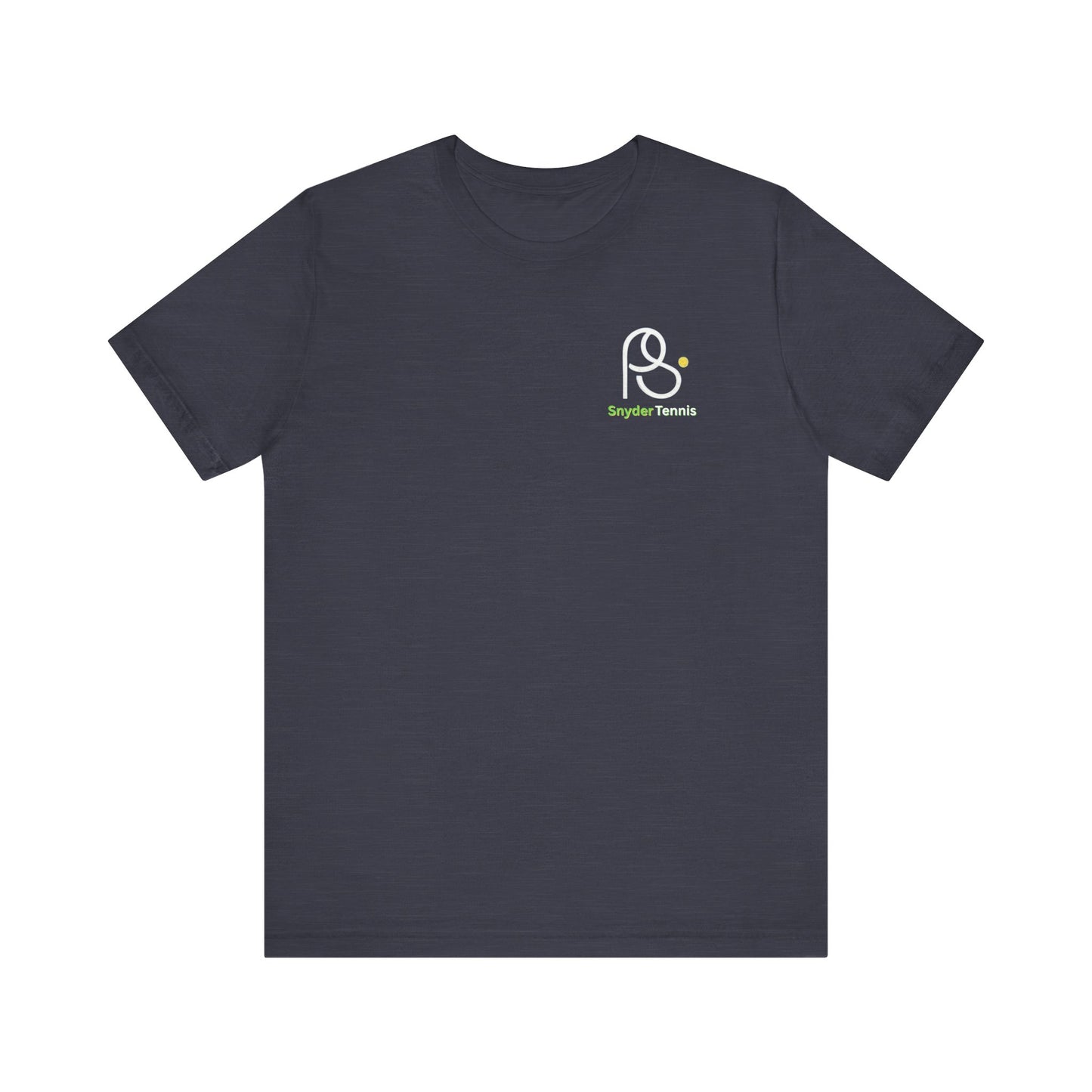Front view of navy heather Coach Pete Snyder tennis tee featuring crisp white PS logo, green dot and "PS Tennis" chest patch