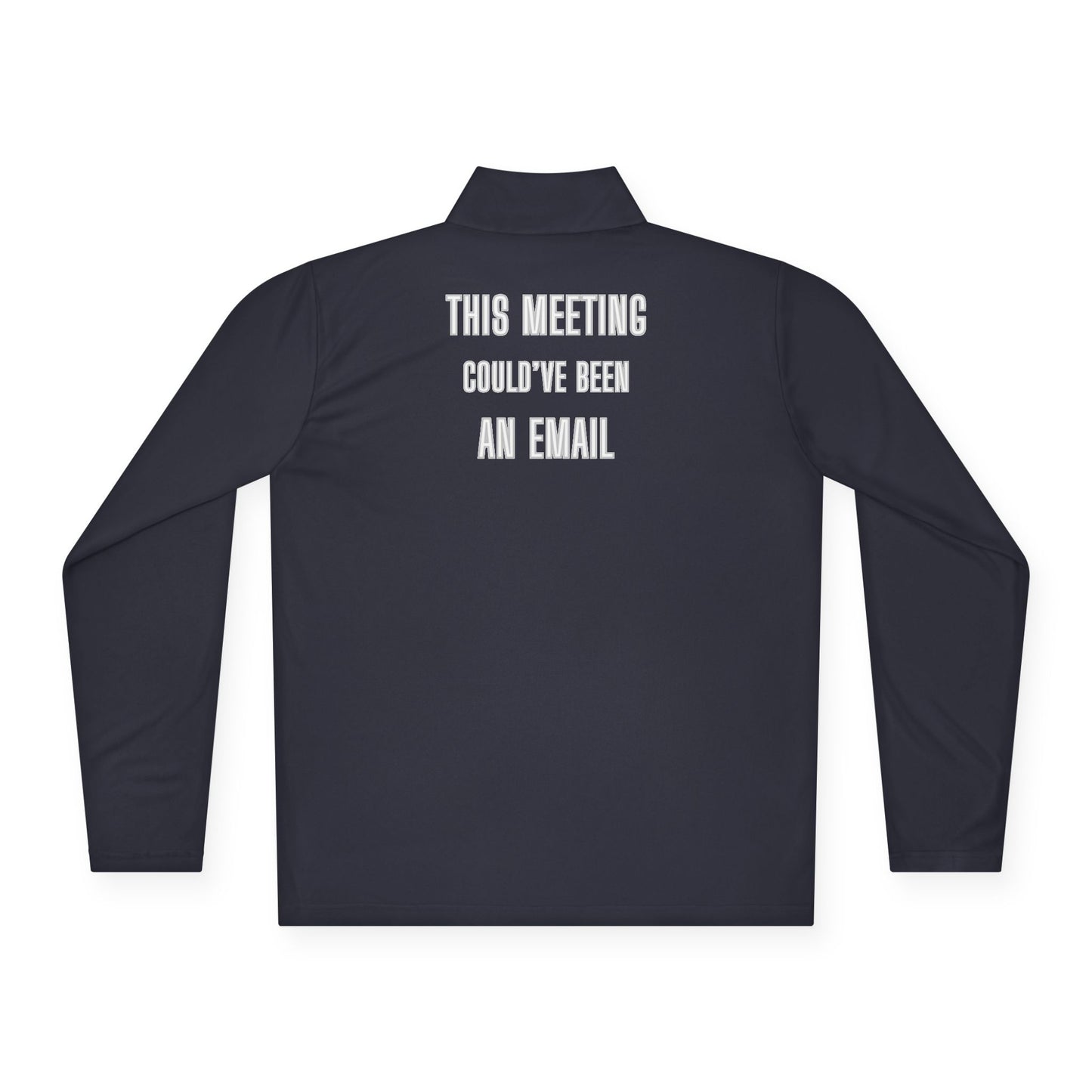 Close-up of white envelope embroidery on medium grey quarter-zip pullover chest – low-key office nod