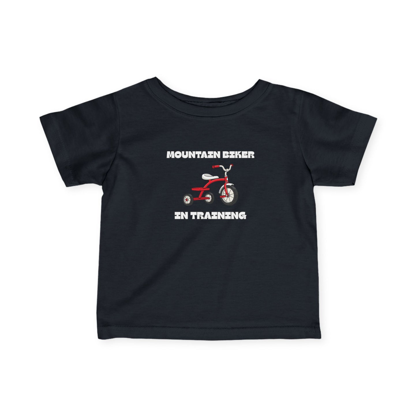 Black 'Mountain Biker in training' red tricycle infant tee - front view