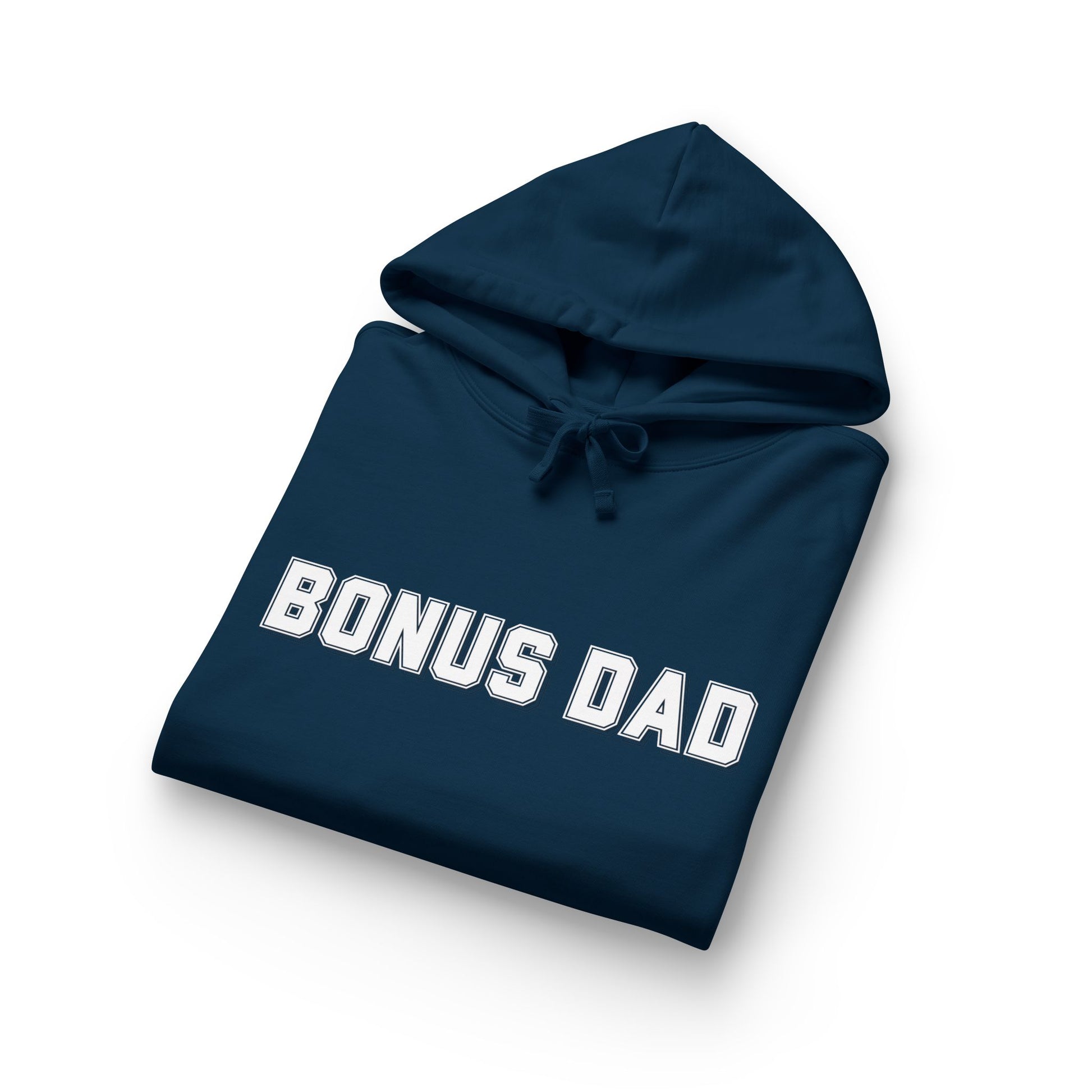 Folded French navy hoodie front, white embossed "BONUS DAD" visible, hood laid open