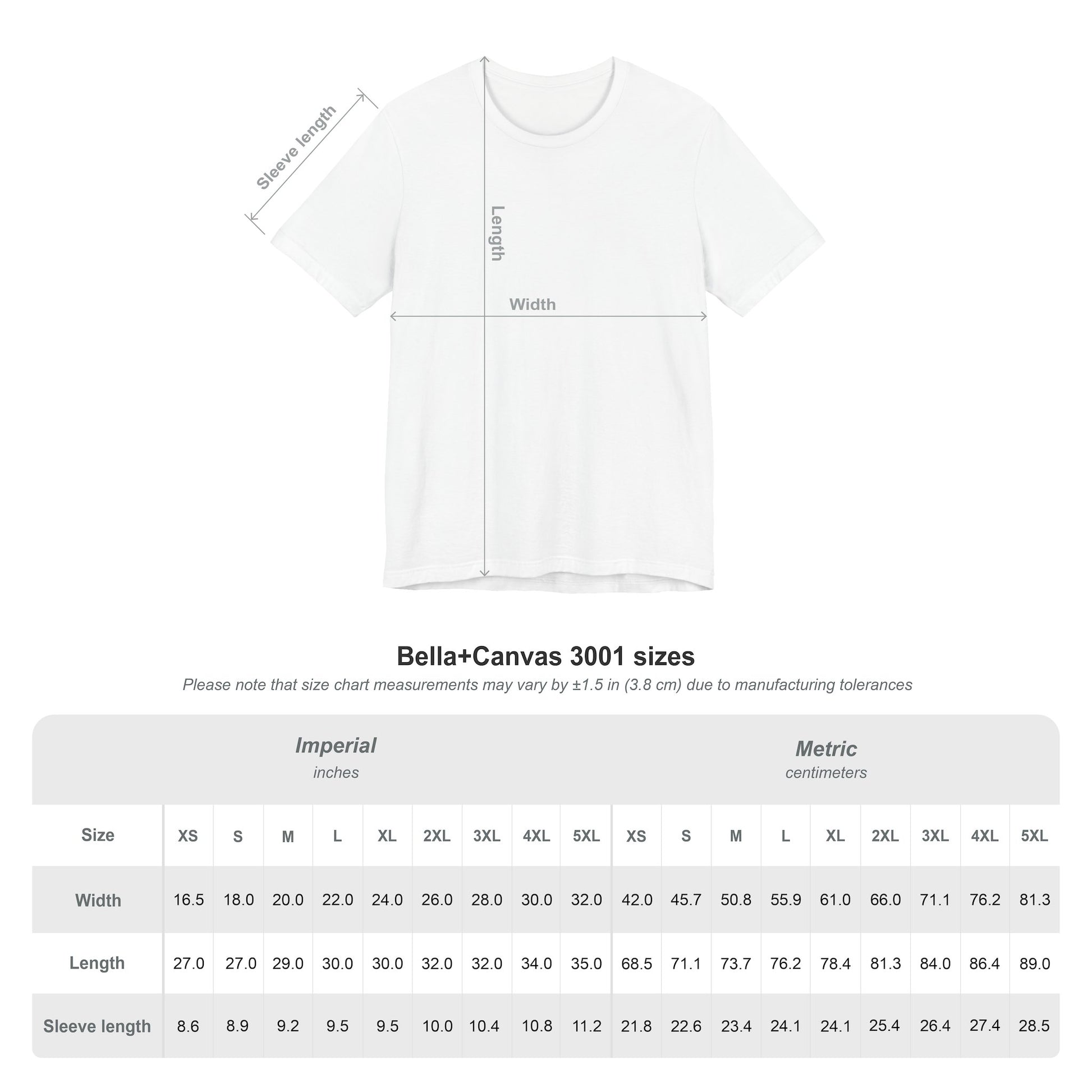 Bella+Canvas 3001 size chart on blank white t-shirt, imperial/metric measurements for XS-4XL widths/lengths/sleeves