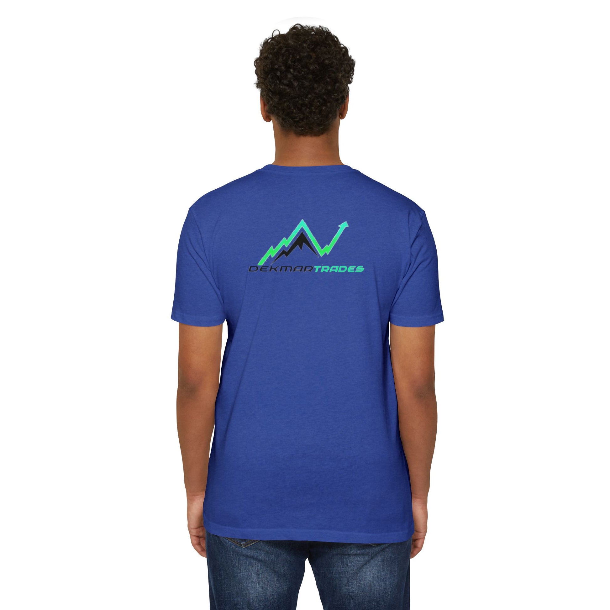 Guy's back view in royal blue tee, green Dekman Trades peak graph design popping