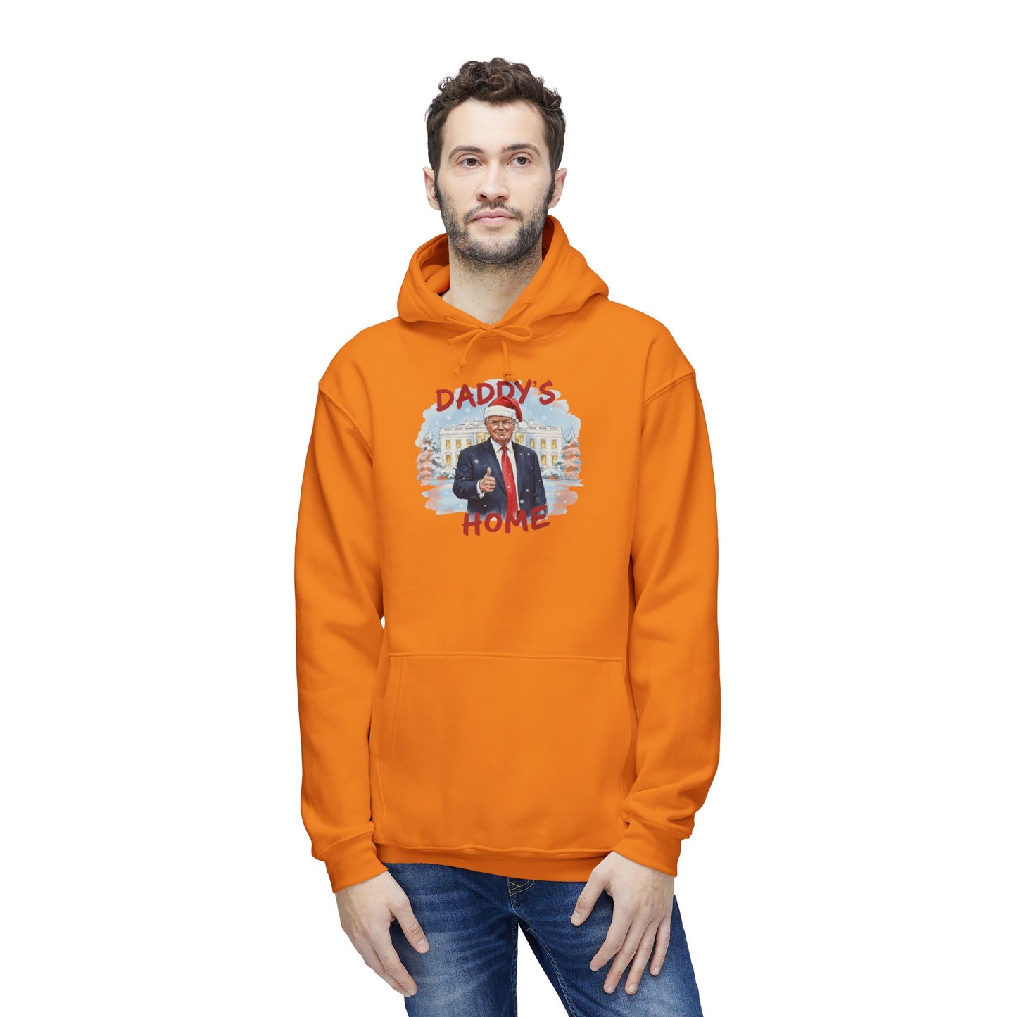 Man in bright orange "Daddy's Home" Trump Christmas hoodie front, Santa hat and White House art