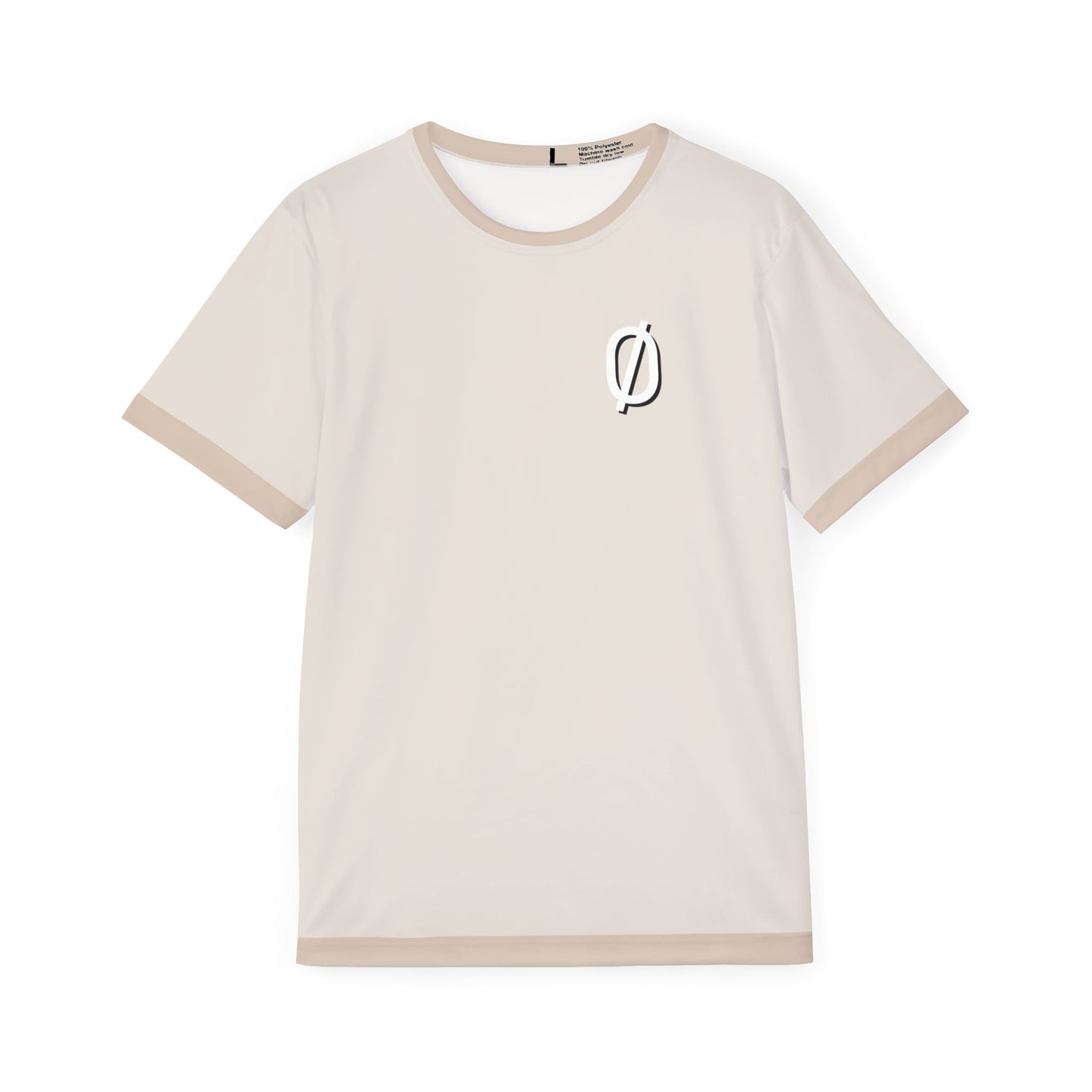 Front view of light beige VØID gym jersey with subtle slashed "VØID" emblem on chest, beige rib trims on crew neck, sleeves, hem