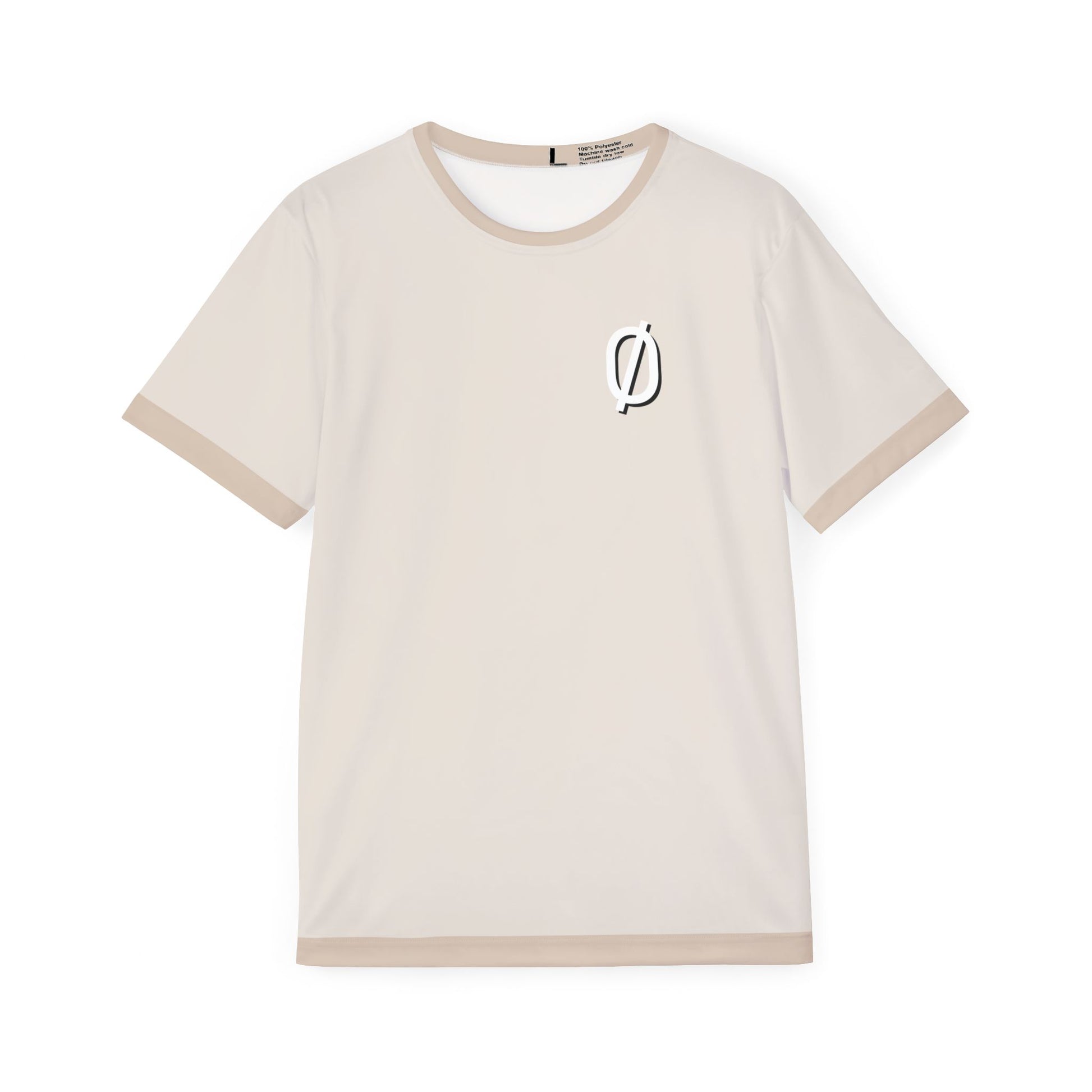Front view of light beige VØID gym jersey with subtle slashed "VØID" emblem on chest, beige rib trims on crew neck, sleeves, hem