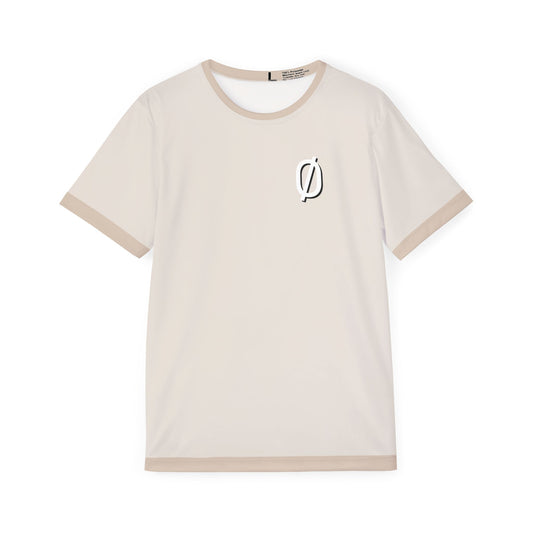 Front view of light beige VØID gym jersey with subtle slashed "VØID" emblem on chest, beige rib trims on crew neck, sleeves, hem