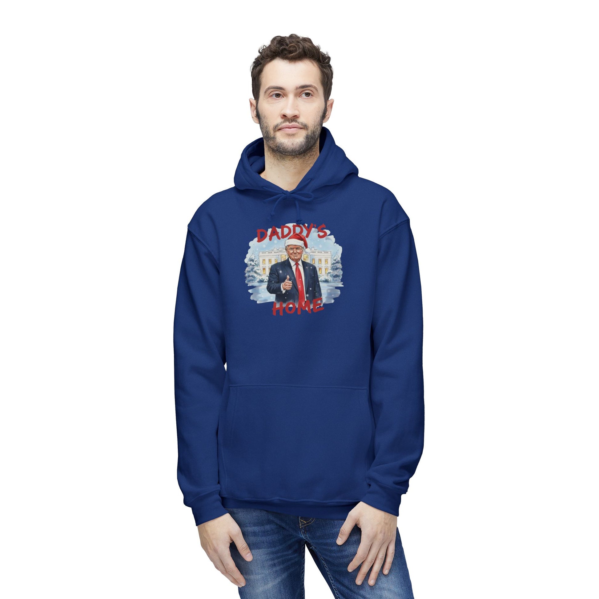 Guy in royal blue Trump Christmas hoodie front, bold "Daddy's Home" Santa scene