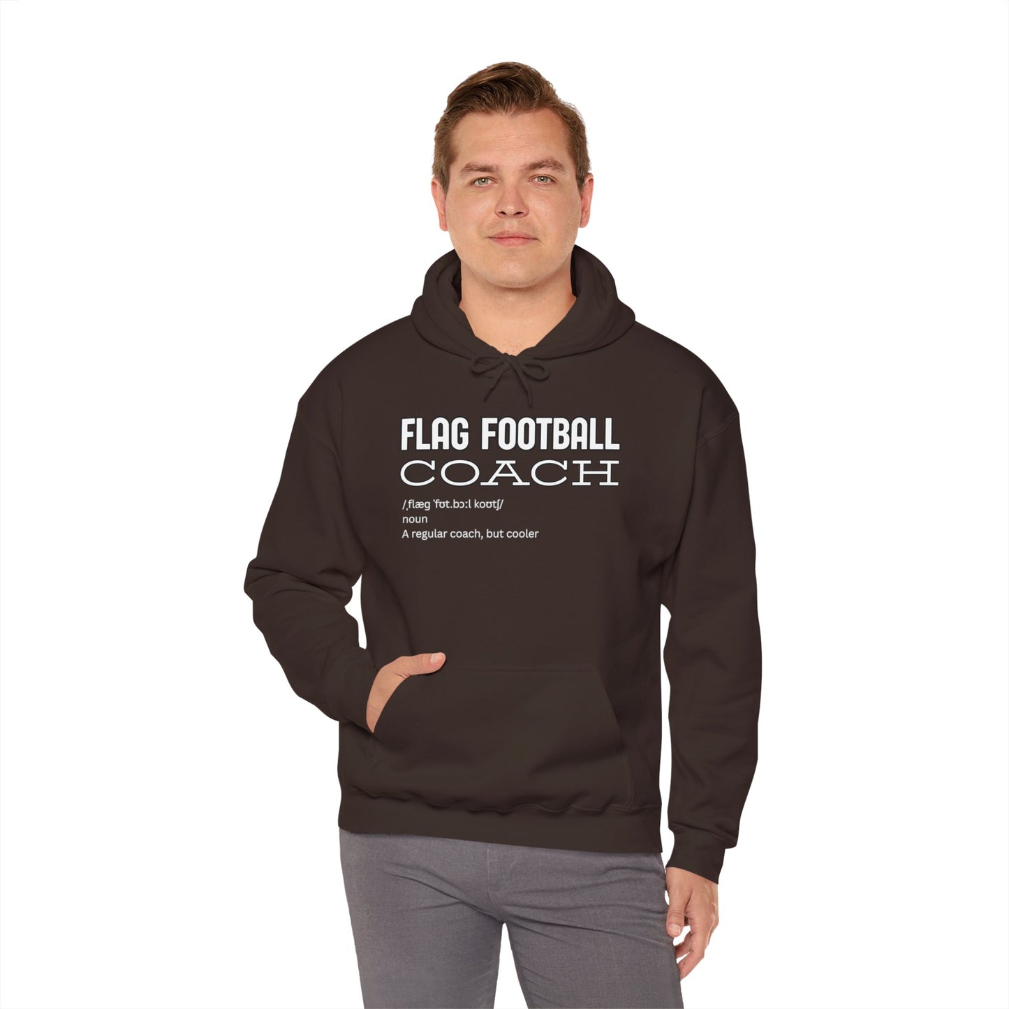 Male model in dark chocolate Flag Football Coach hoodie, front view hand in pocket