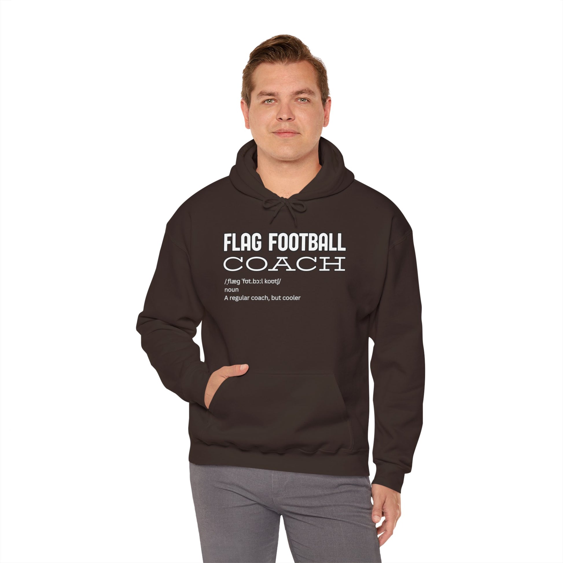 Male model in dark chocolate Flag Football Coach hoodie, front view hand in pocket