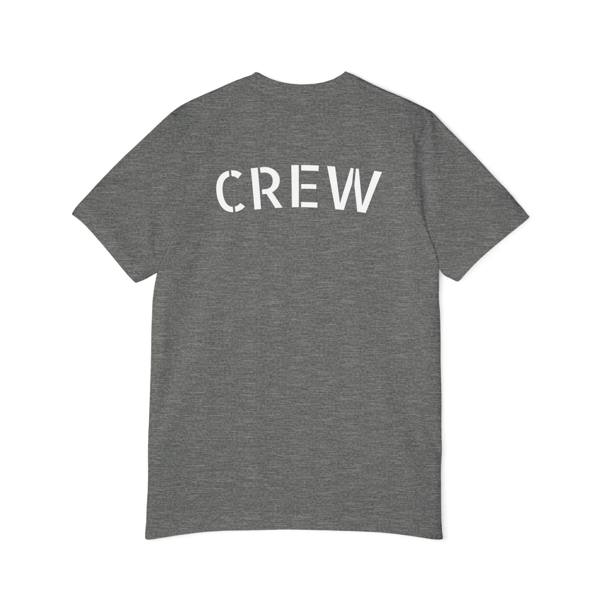 Heather gray t-shirt back with large white "CREW" stencil print