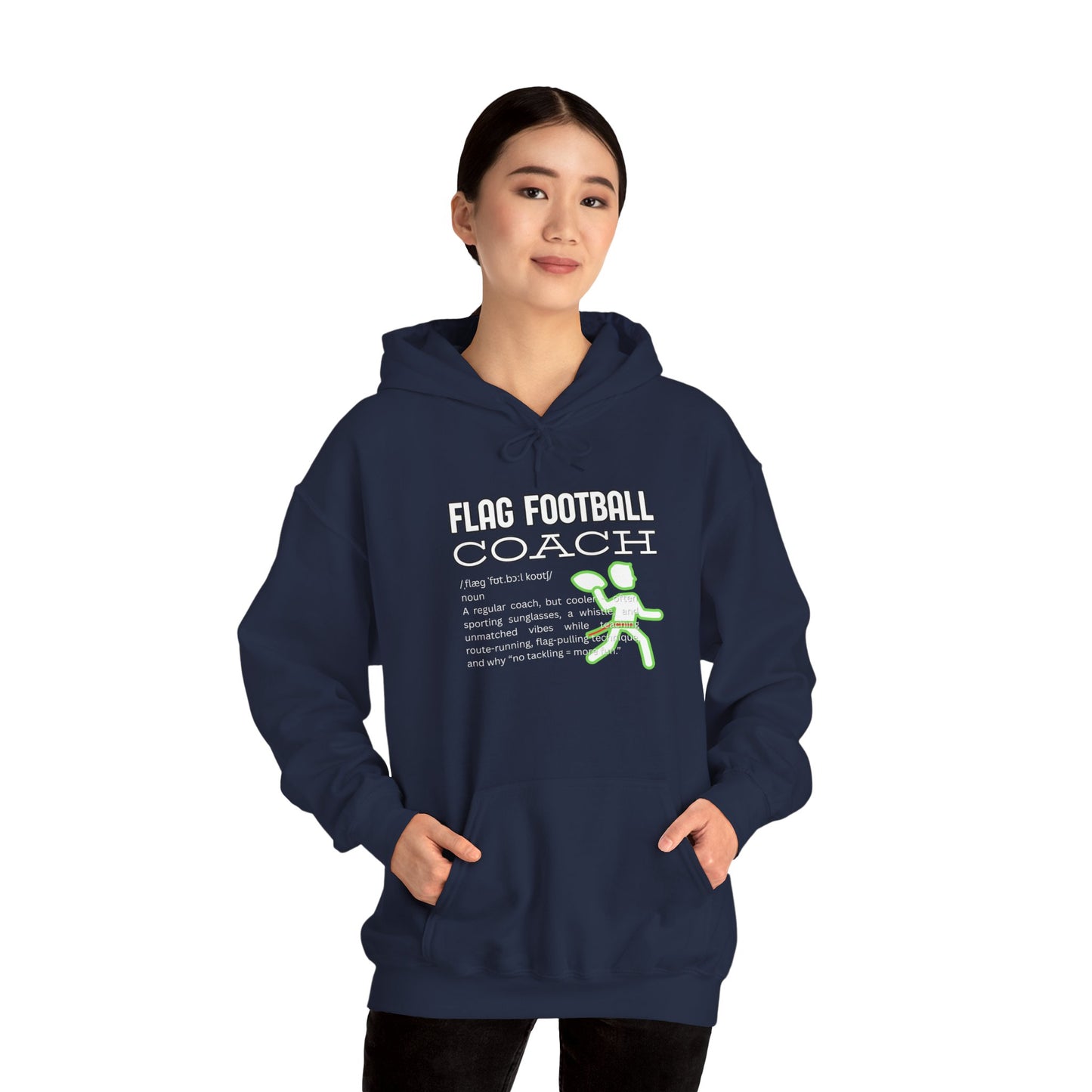 Female model fronts navy Flag Football Coach hoodie, white print and neon green figure, hands in pockets