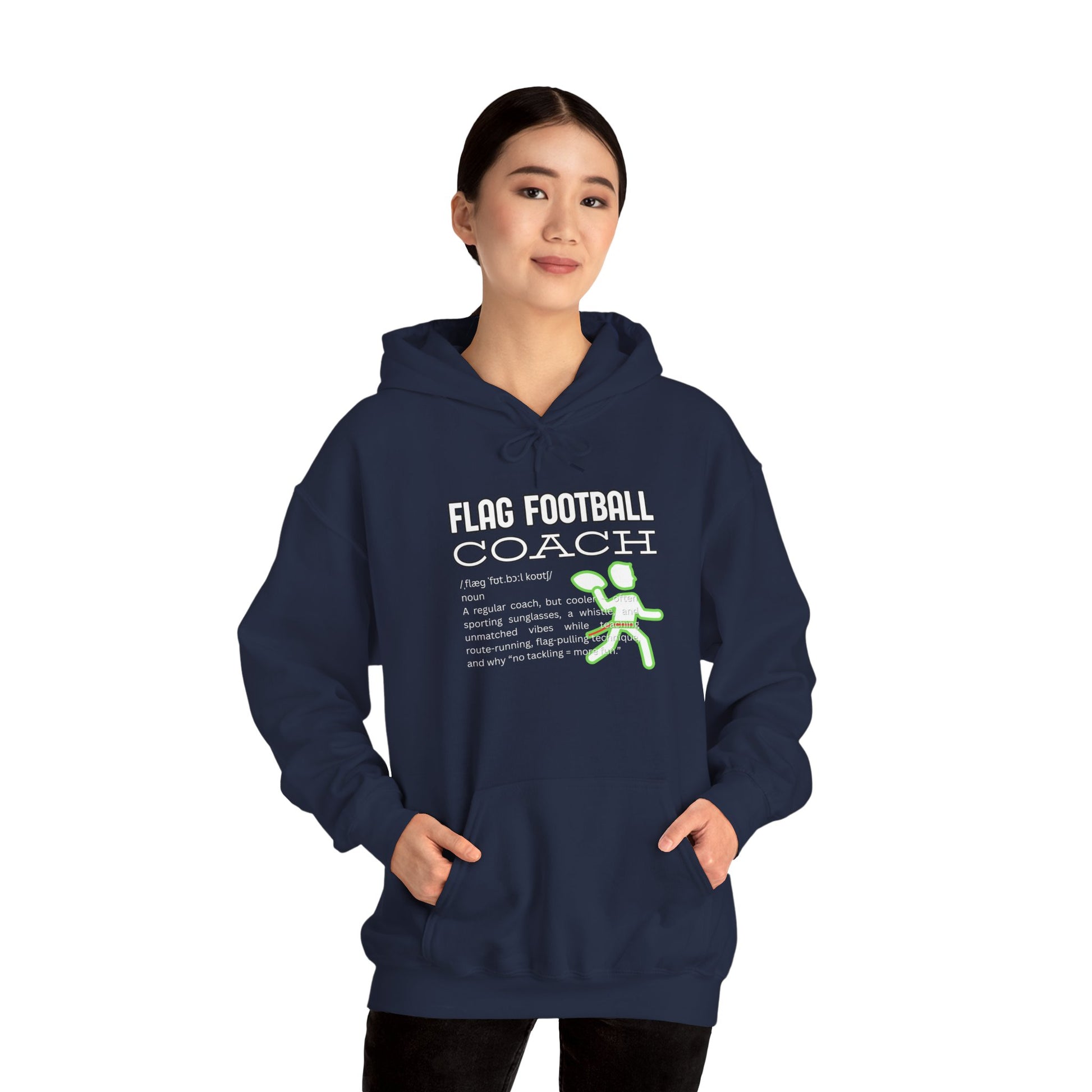 Female model fronts navy Flag Football Coach hoodie, white print and neon green figure, hands in pockets