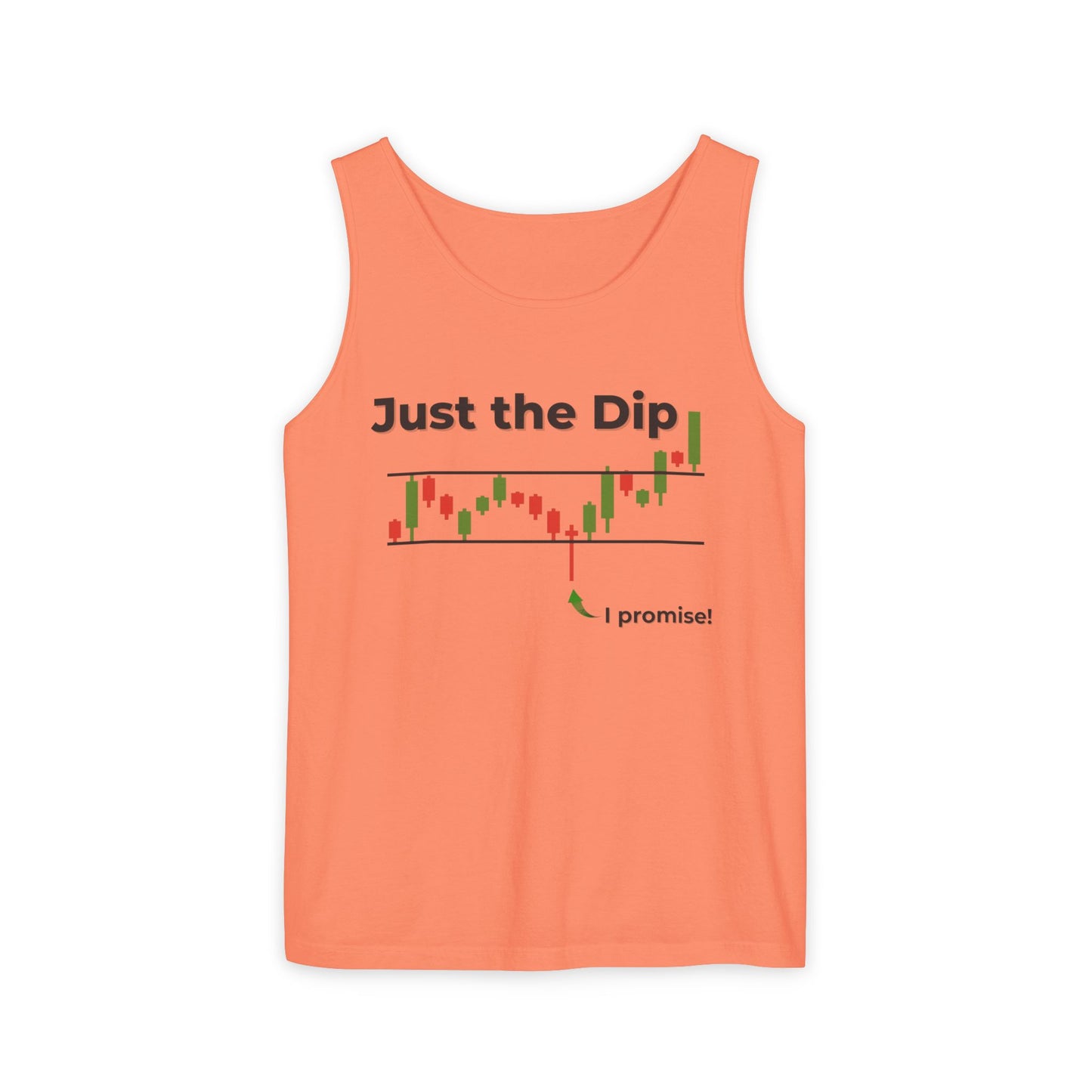 Front view of orange "Just the Dip" tank top featuring candlestick chart dip and cheeky "I promise!" arrow