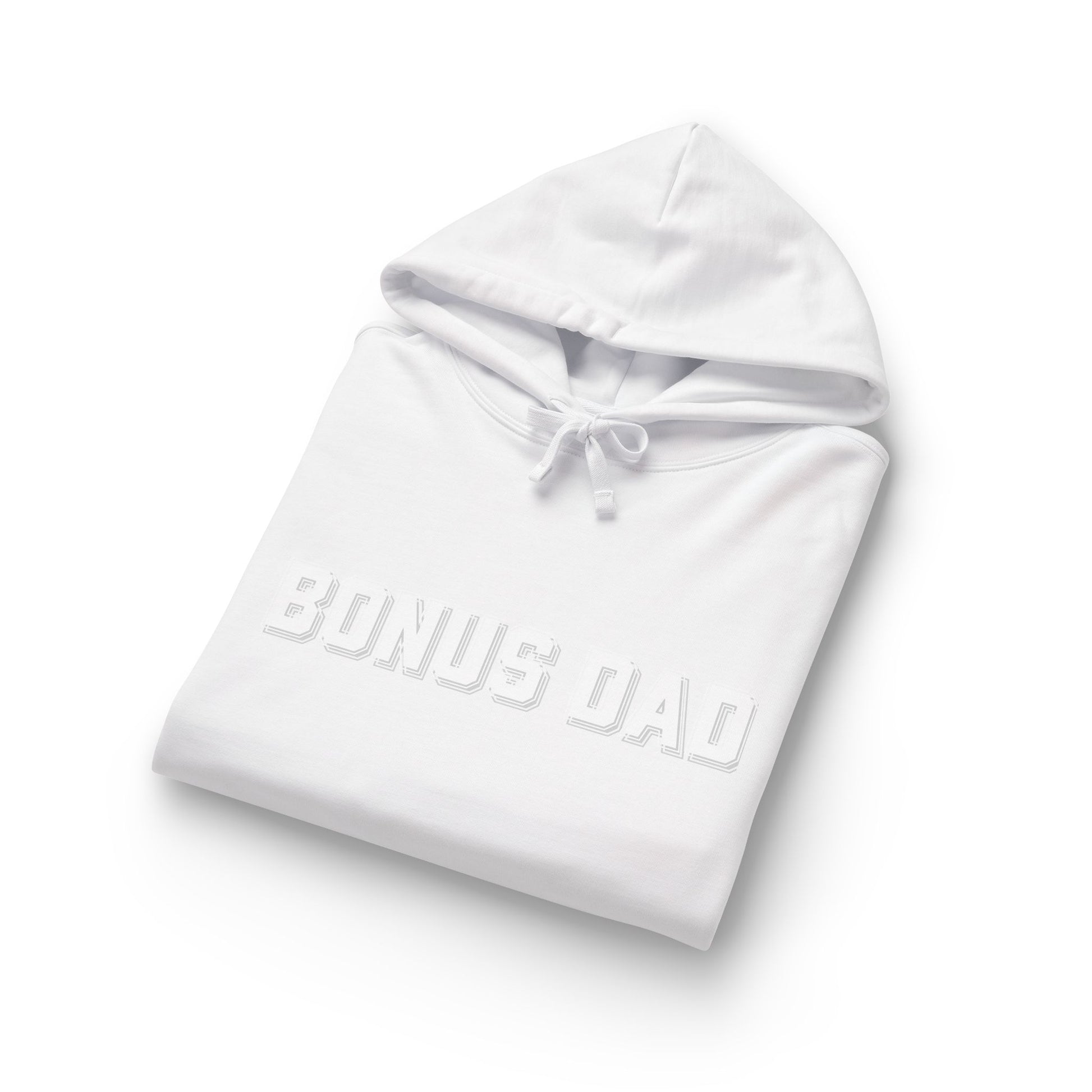 Folded white Bonus Dad hoodie flat lay, showing embossed "BONUS DAD" chest design