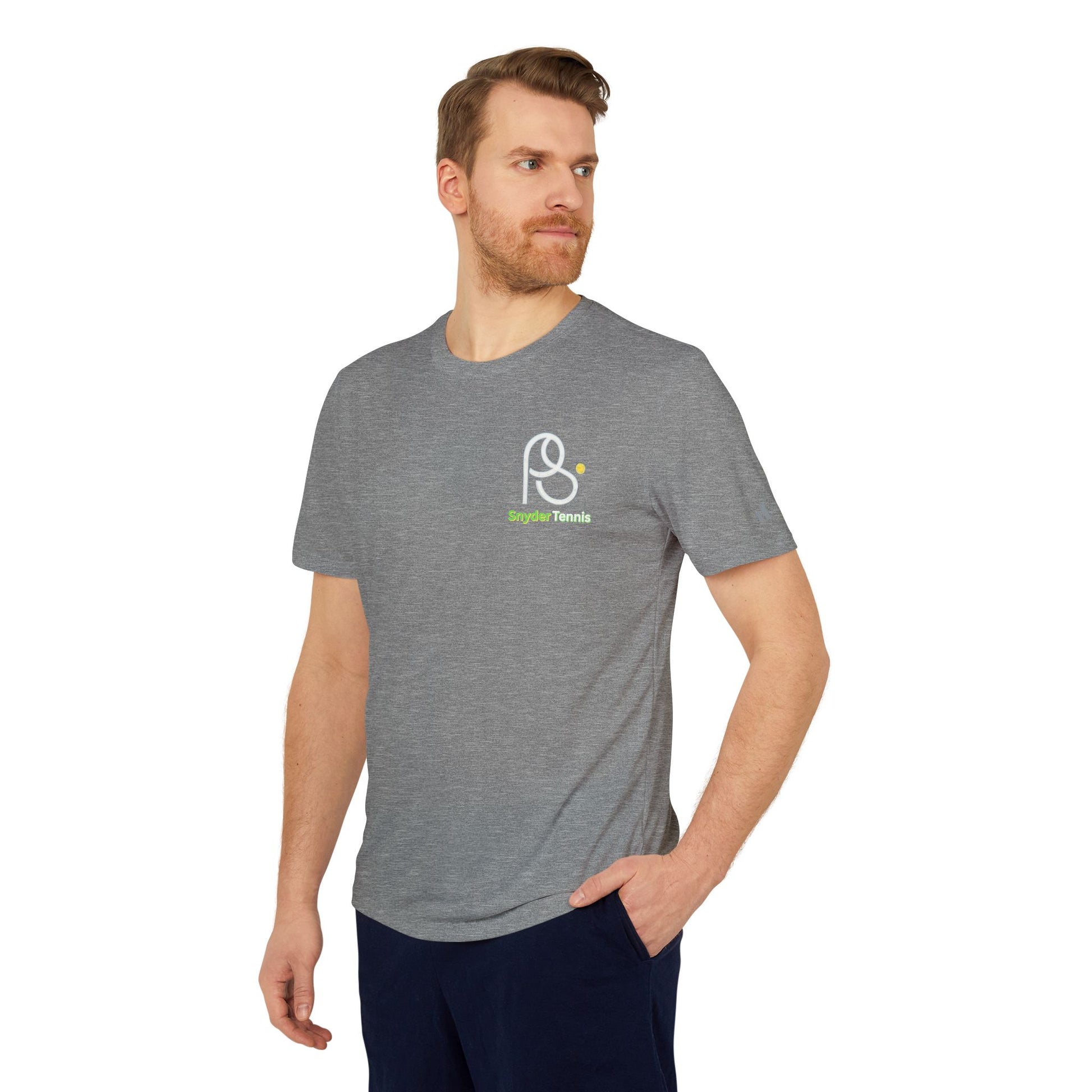 Male model back view heather gray t-shirt, white "COACH PETE SNYDER HARRISON TC ELITE PRO" tennis-themed print with green accents