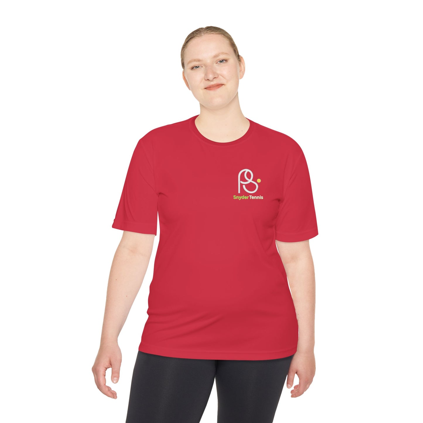 Woman modeling front view of bright red short-sleeve tee with stylized white-outlined PS logo and yellow accents on chest