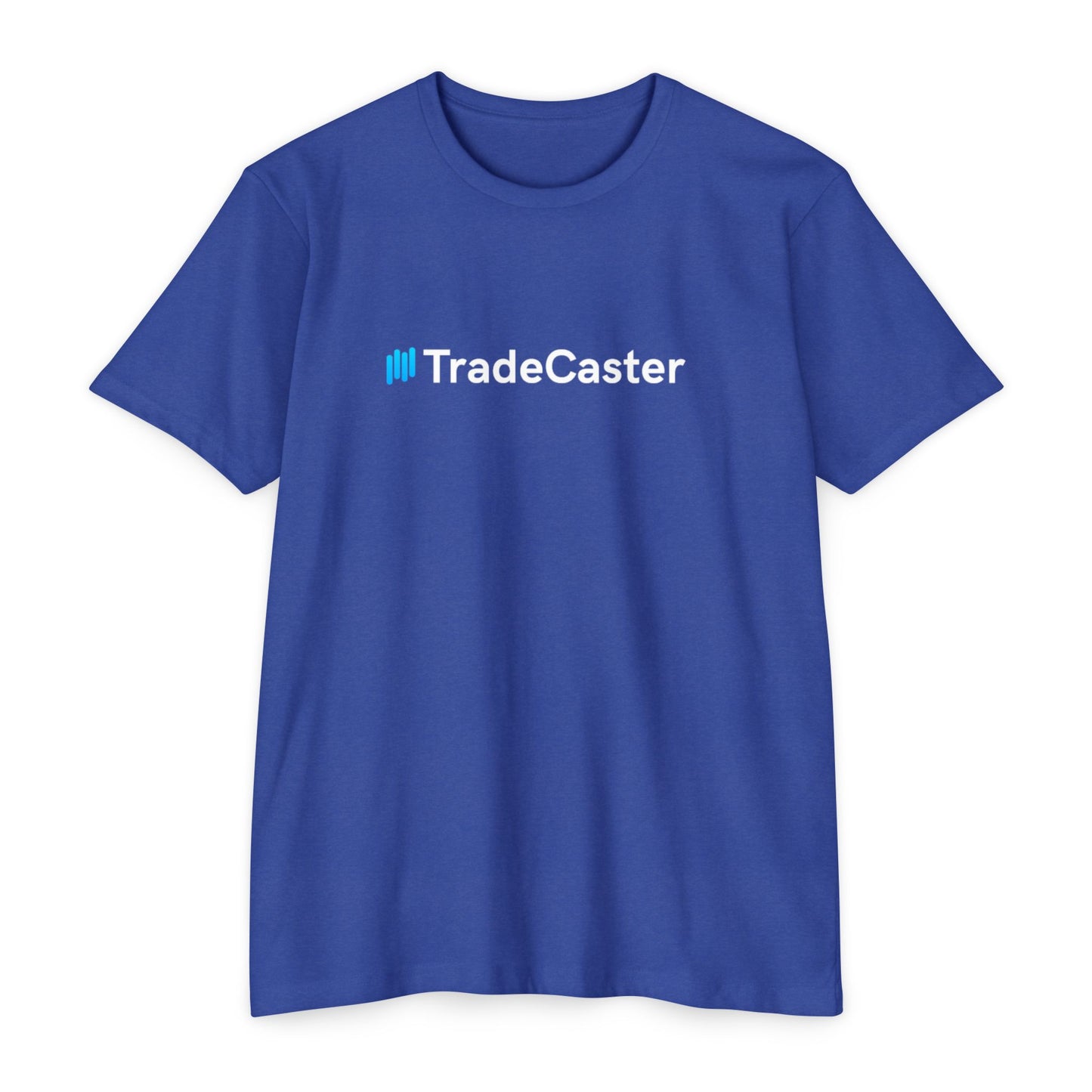 Front view of medium blue unisex TradeCaster CVC jersey t-shirt with blue || icon and white text print