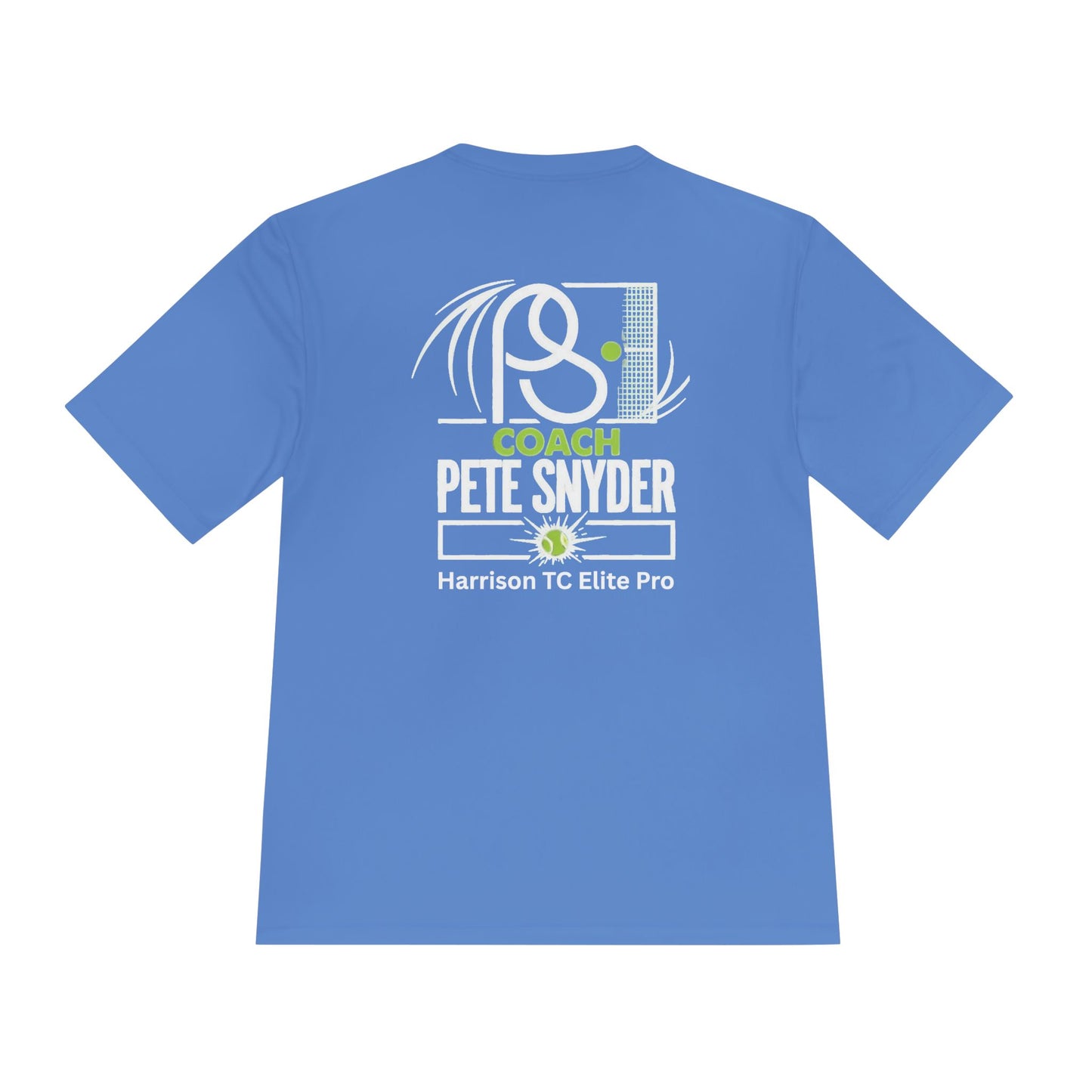 Back view atomic blue tee with white PS racket graphic, "COACH PETE SNYDER" and "Harrison TC Elite Pro"
