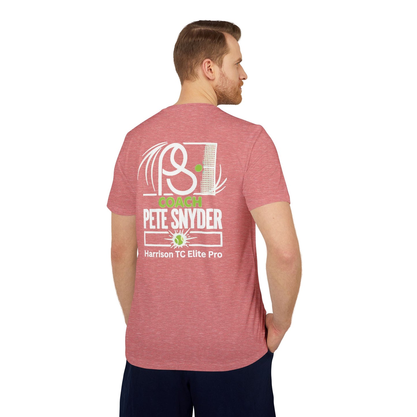 Back of heather gray Coach Pete Snyder tee on male model, swirling white tennis graphic, "HARRISON TC ELITE PRO" in bold with green star