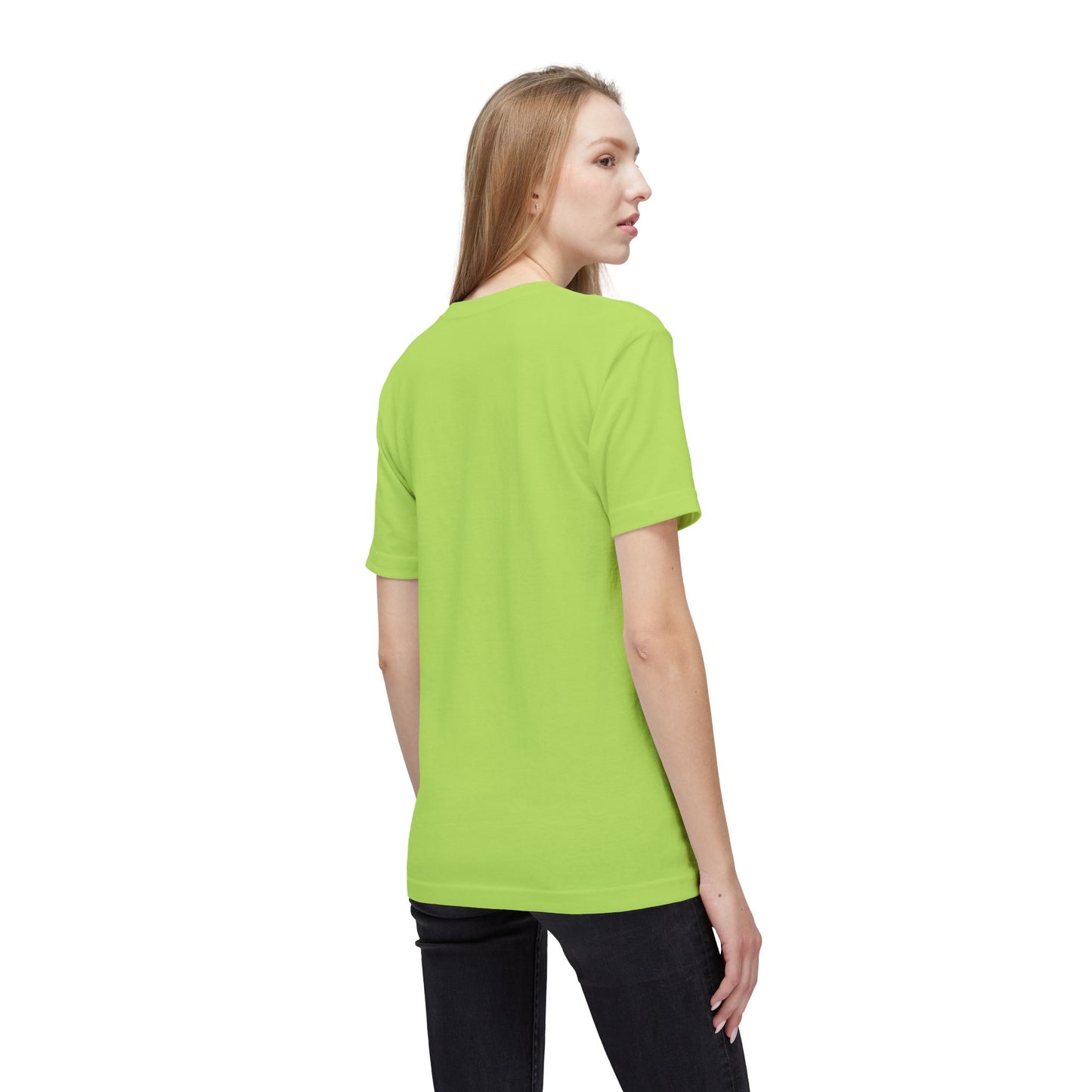 Side-back view of blonde model in plain bright lime green unisex T-shirt