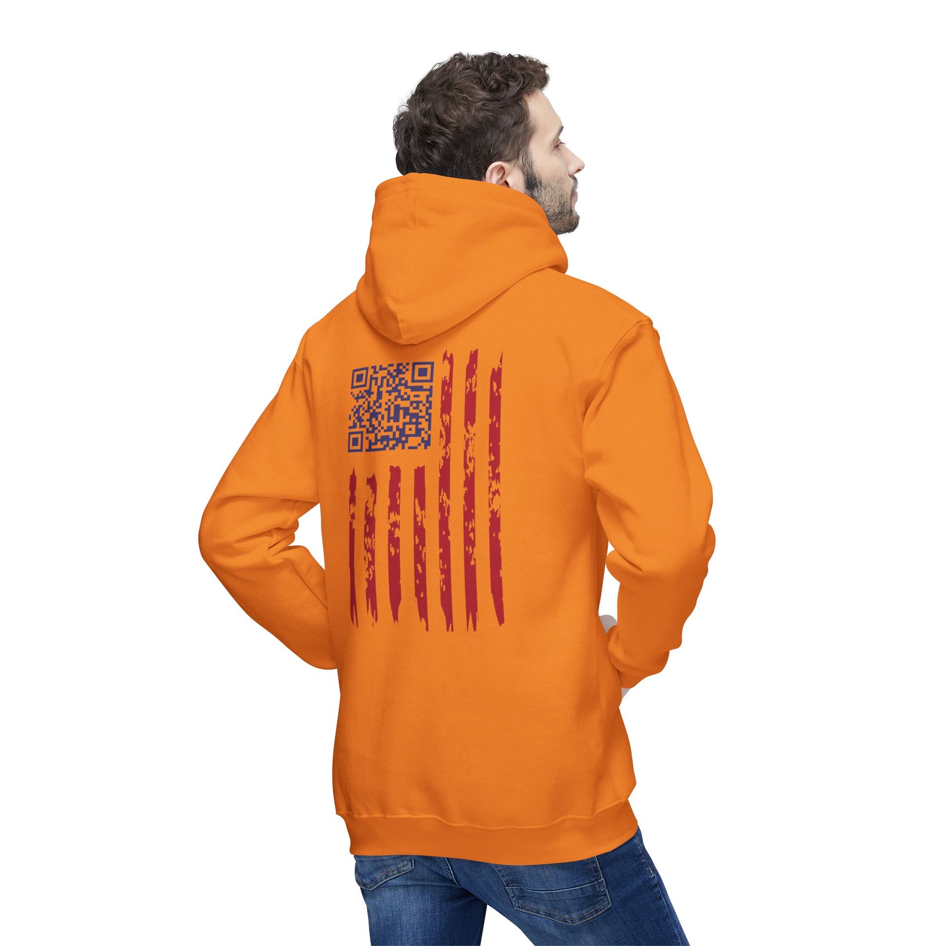 Man displaying back of orange hoodie, rugged American flag print hiding Trump dance QR