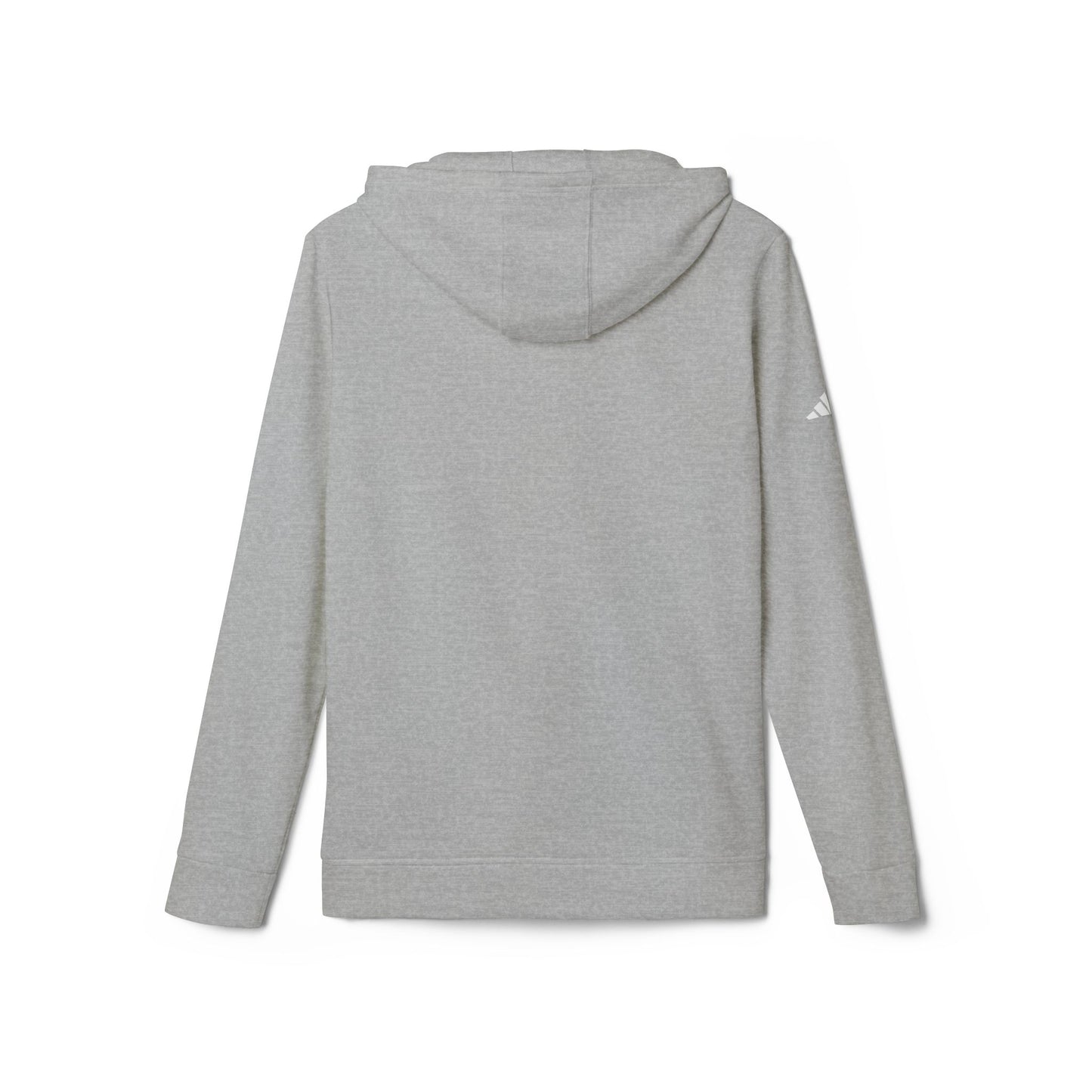 Back view of grey heather Adidas fleece hoodie, small white Adidas logo on sleeve, clean no-print design