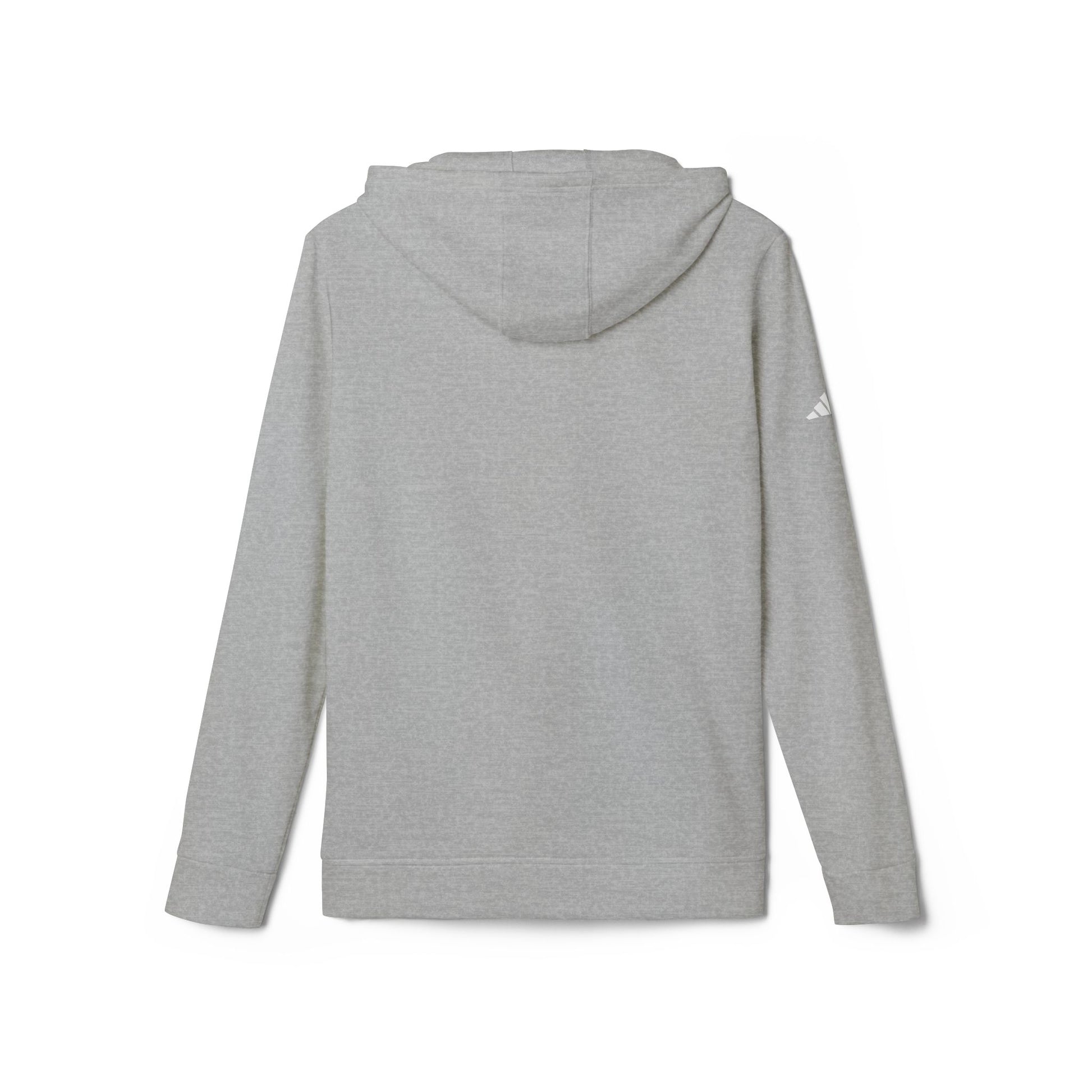 Back view of grey heather Adidas fleece hoodie, small white Adidas logo on sleeve, clean no-print design