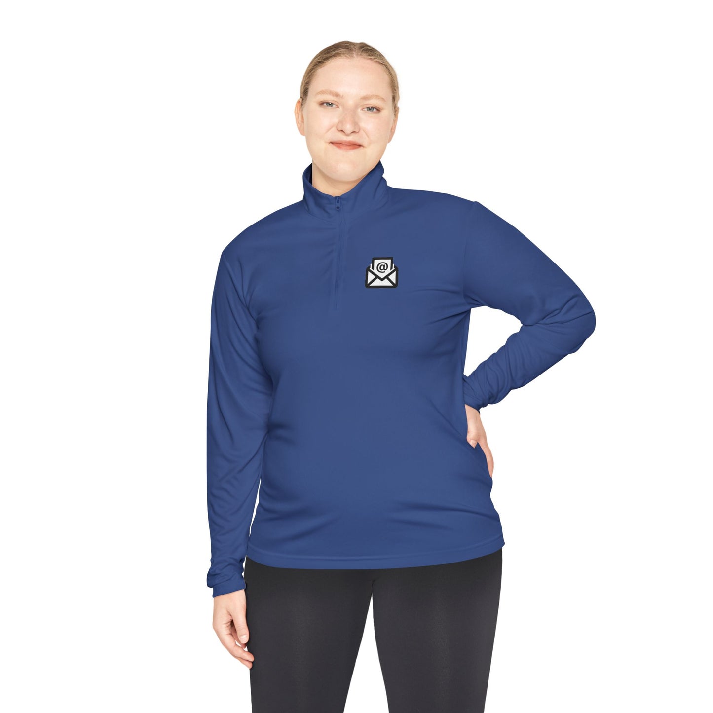 Female model smiles in navy quarter-zip pullover front, white envelope icon on chest, black pants