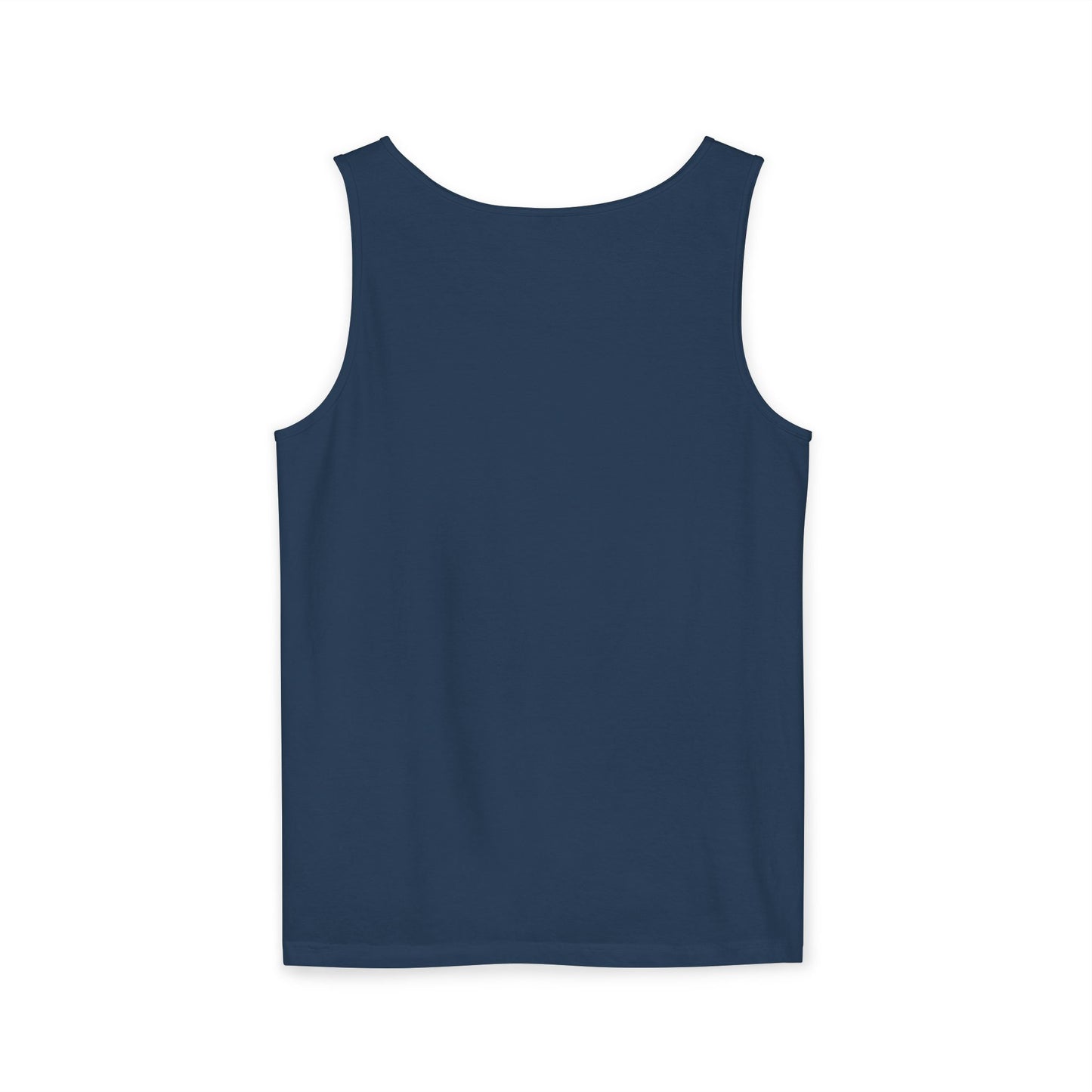 Back view of plain navy blue workout tank top, relaxed unisex fit