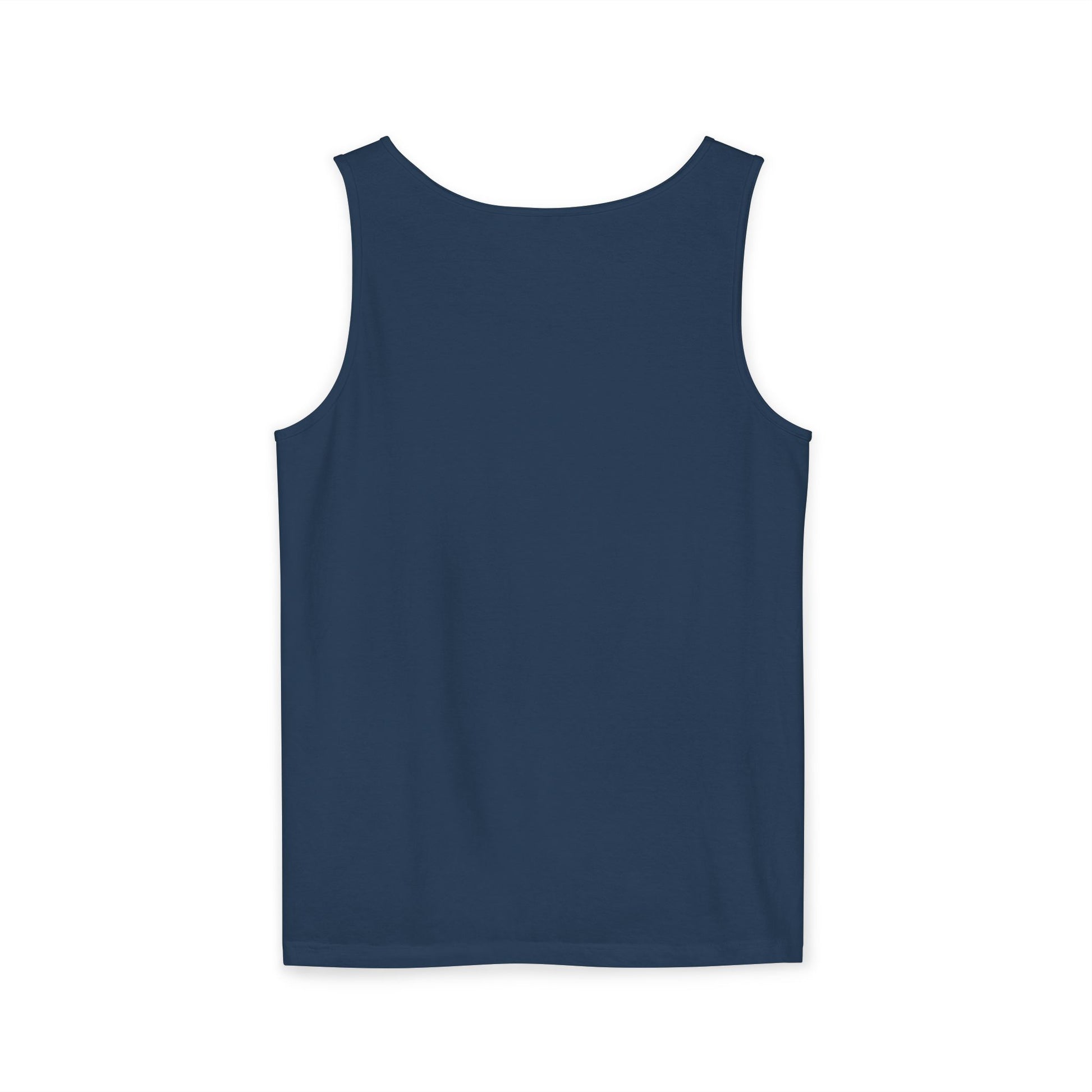 Back view of plain navy blue workout tank top, relaxed unisex fit