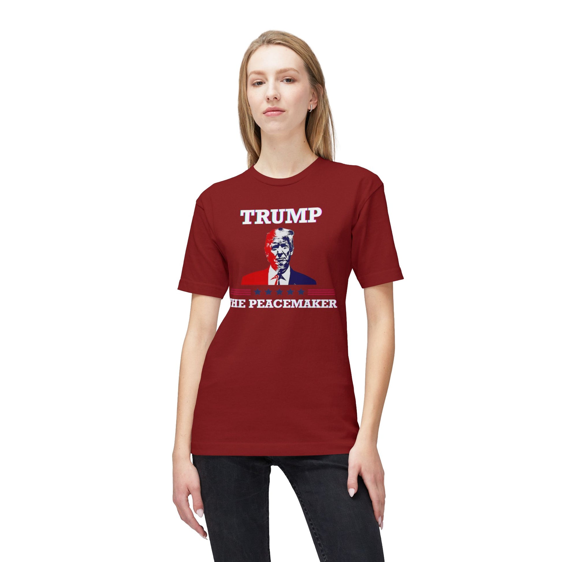 Model wearing maroon "TRUMP HE PEACEMAKER" front graphic tee with portrait