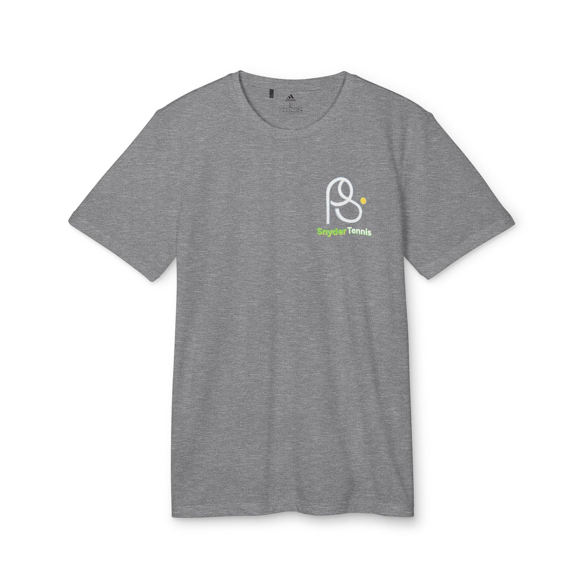 Front view of heather gray Coach Pete Snyder adidas tee with white-outlined PS logo, green Snyder Tennis